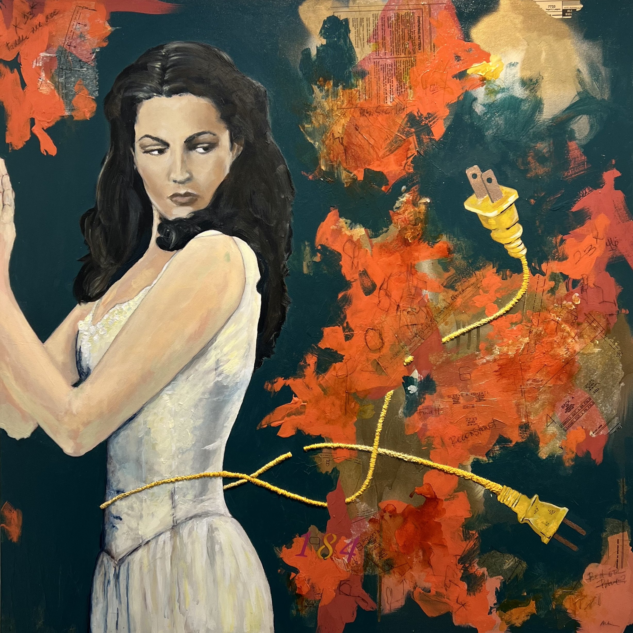 Fiddle Dee Dee by Alissa Van Atta, original mixed media figurative painting inspired by Scarlett O'Hara, featuring a woman in a white corset surrounded by abstract colors and dimensional electrical co