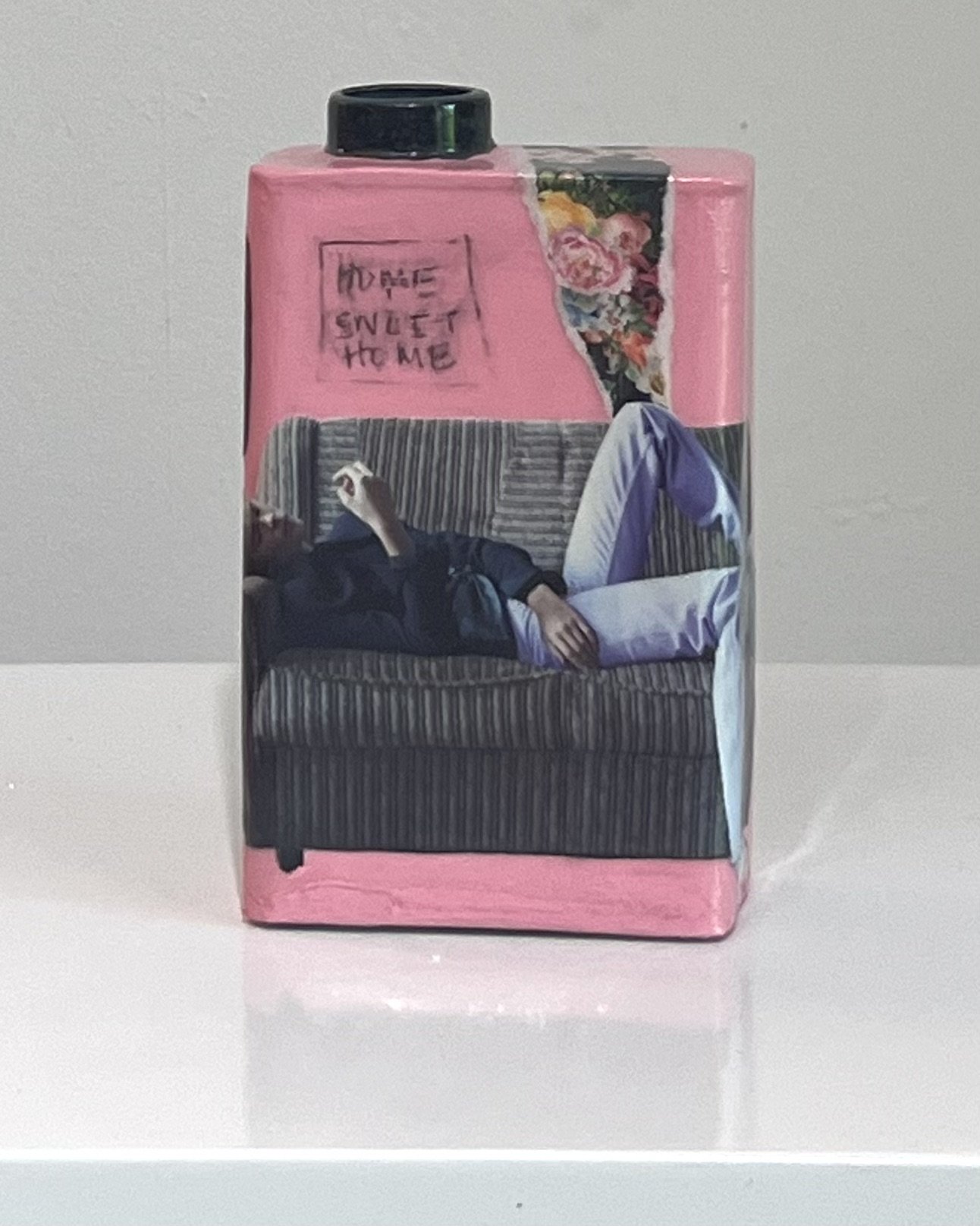 Back view of Steeped in Waiting original porcelain Art Carton featuring vintage collage, acrylic, and resin artwork.