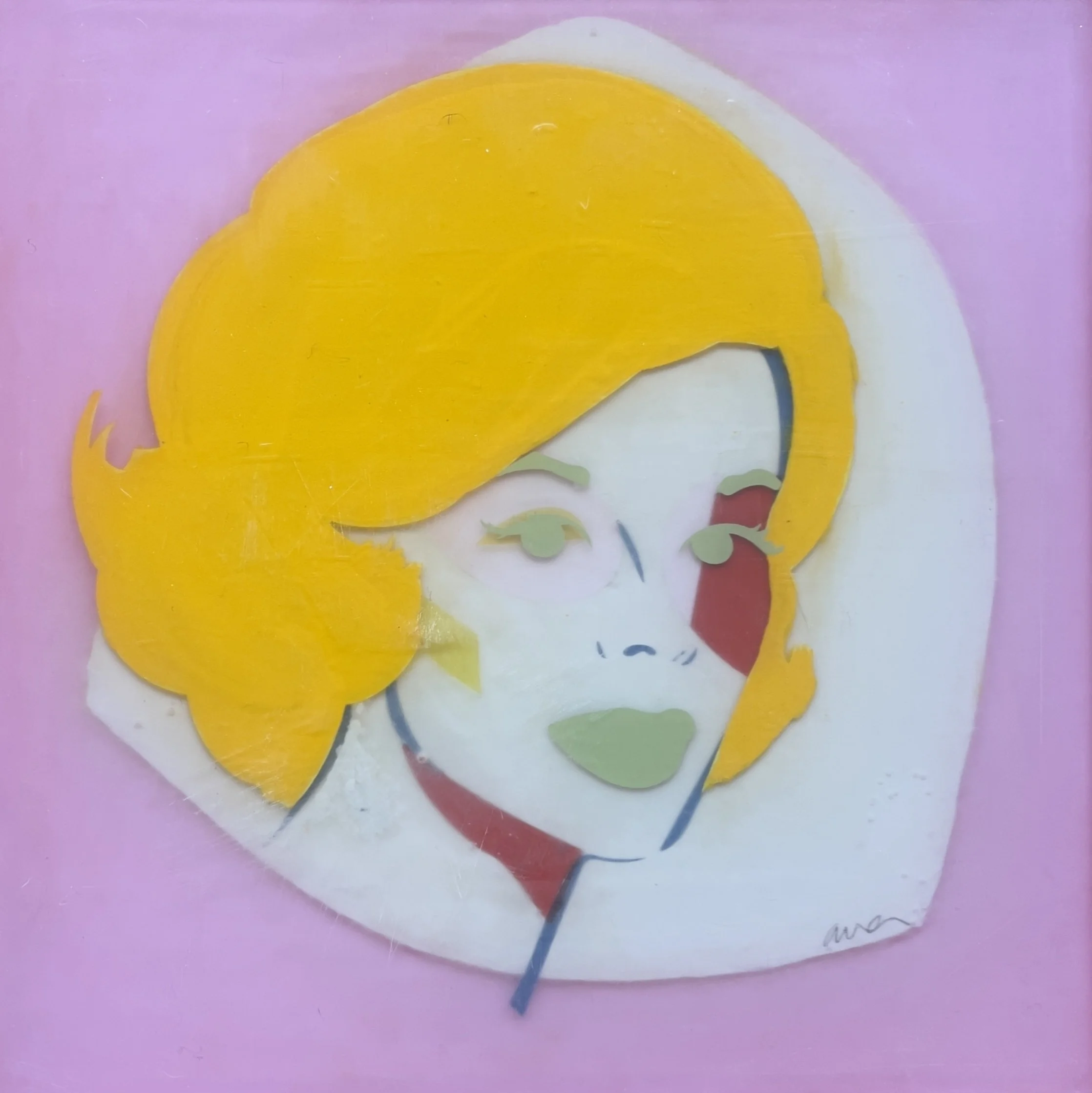 Doris by Alissa Van Atta, original layered resin and mixed media portrait featuring a woman with bright yellow hair, mint-green facial features, and green lips against a lavender background.
