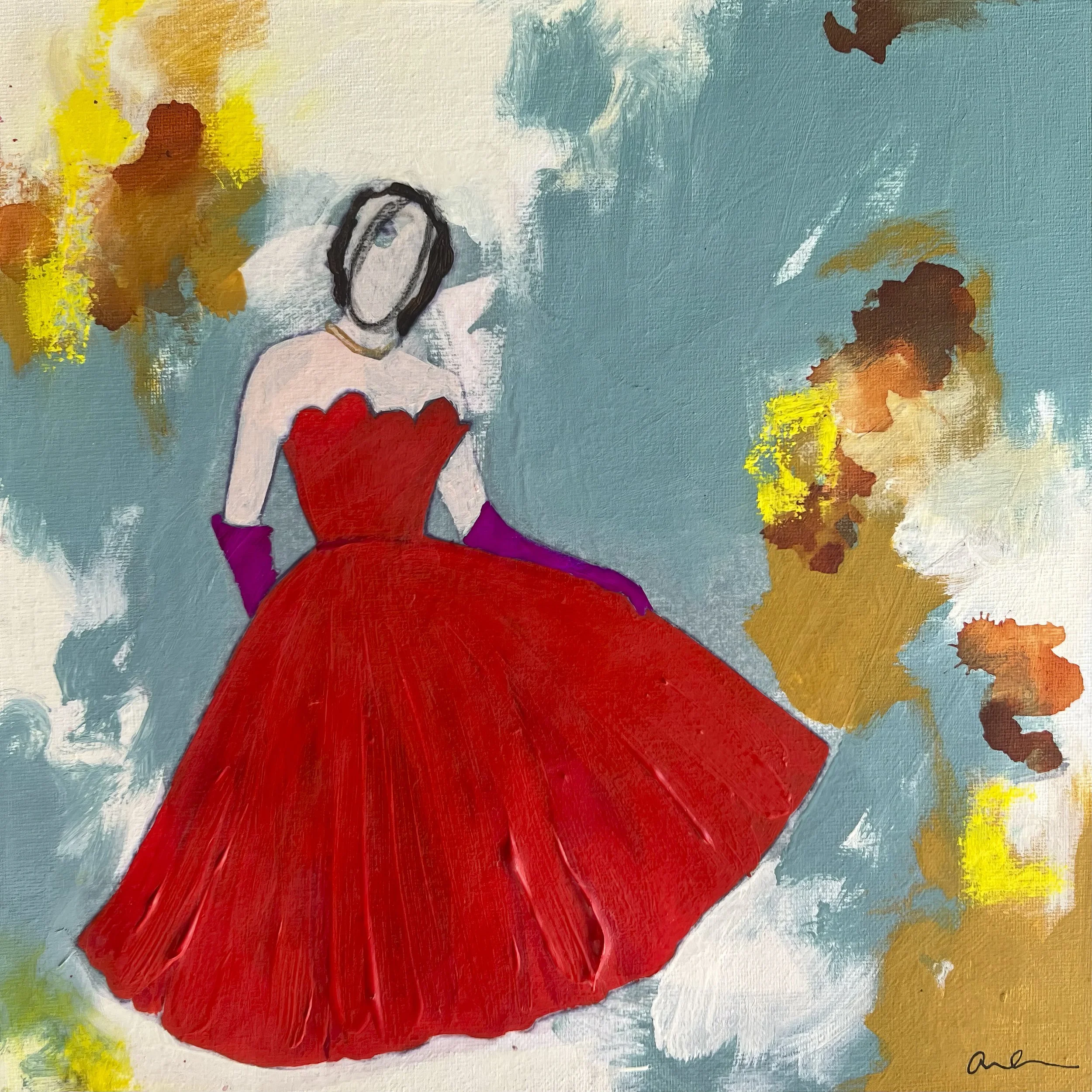 Elizabeth by Alissa Van Atta, original figurative mixed media painting of a faceless woman wearing a voluminous red ball gown and magenta gloves against an abstract turquoise background.