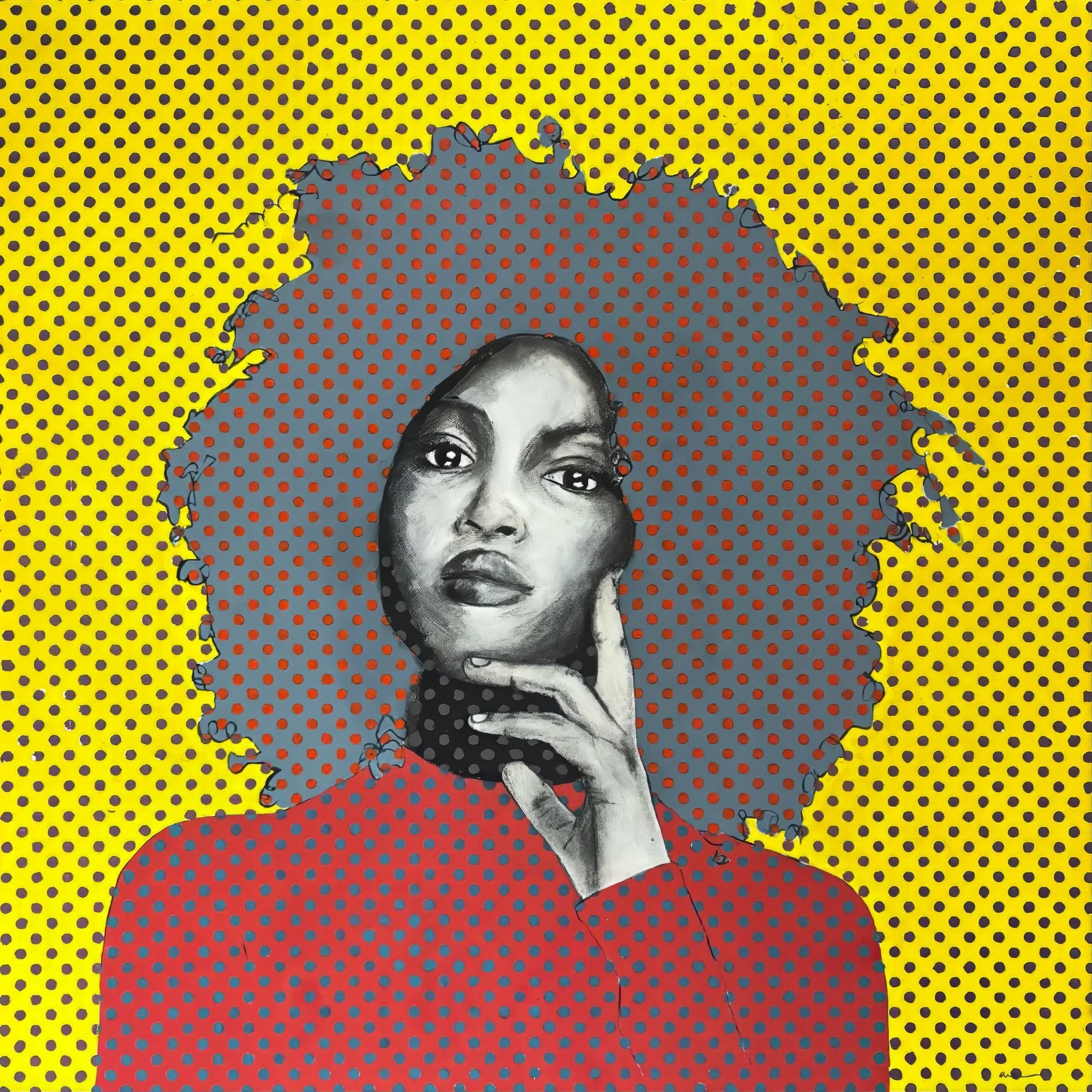 As We Speak by Alissa Van Atta, contemporary acrylic and charcoal portrait of a woman with a voluminous afro against a vivid yellow background with red and blue polka dots.