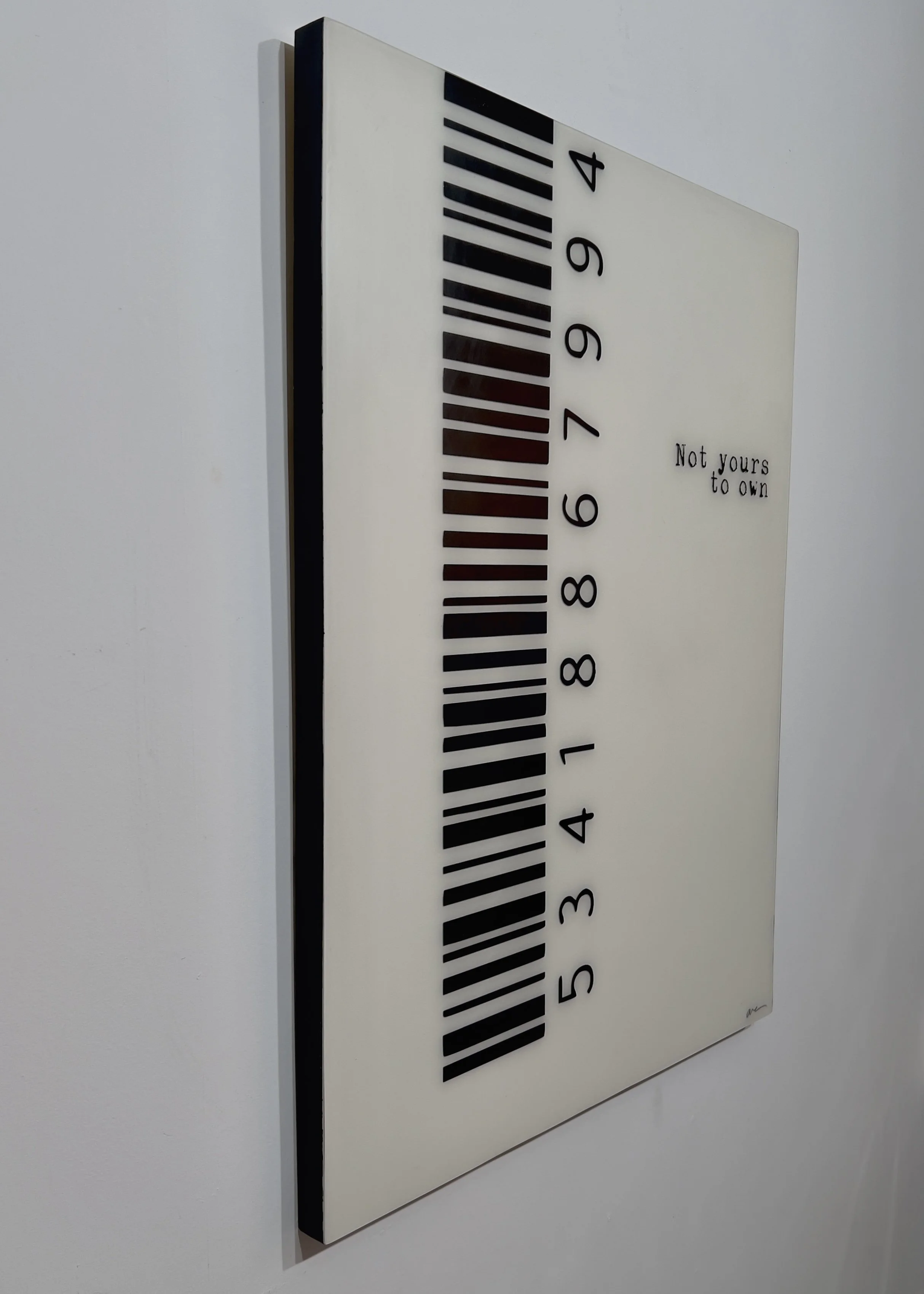 Angled view of Not Yours to Own, a 40 by 30 inch original conceptual barcode painting in collage, acrylic and resin on a deep wood panel by Alissa Van Atta.
