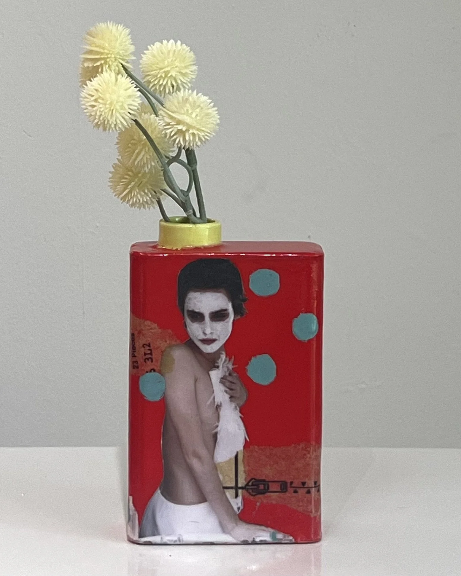 Everything I Was Saving for Later, original porcelain Art Carton by Alissa Van Atta displayed with dried flowers, featuring collage, acrylic, and resin.