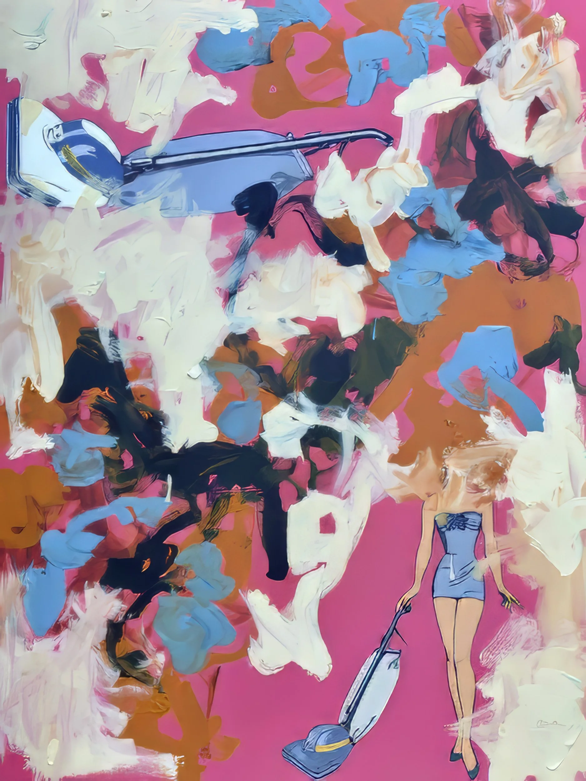 Life in a Vacuum by Alissa Van Atta, original figurative painting showing vacuum cleaners and a woman in a blue outfit against vivid pink, with expressive white, turquoise, orange, and black brushstro