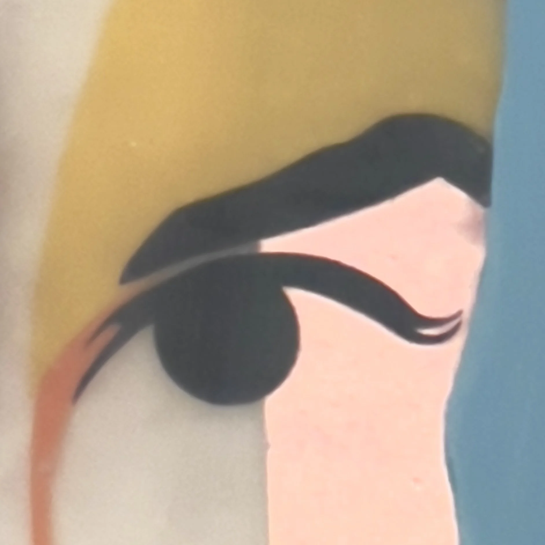 Close-up of Ingrid showing layered geometric facial shapes, contrasting colors, and painted resin textures