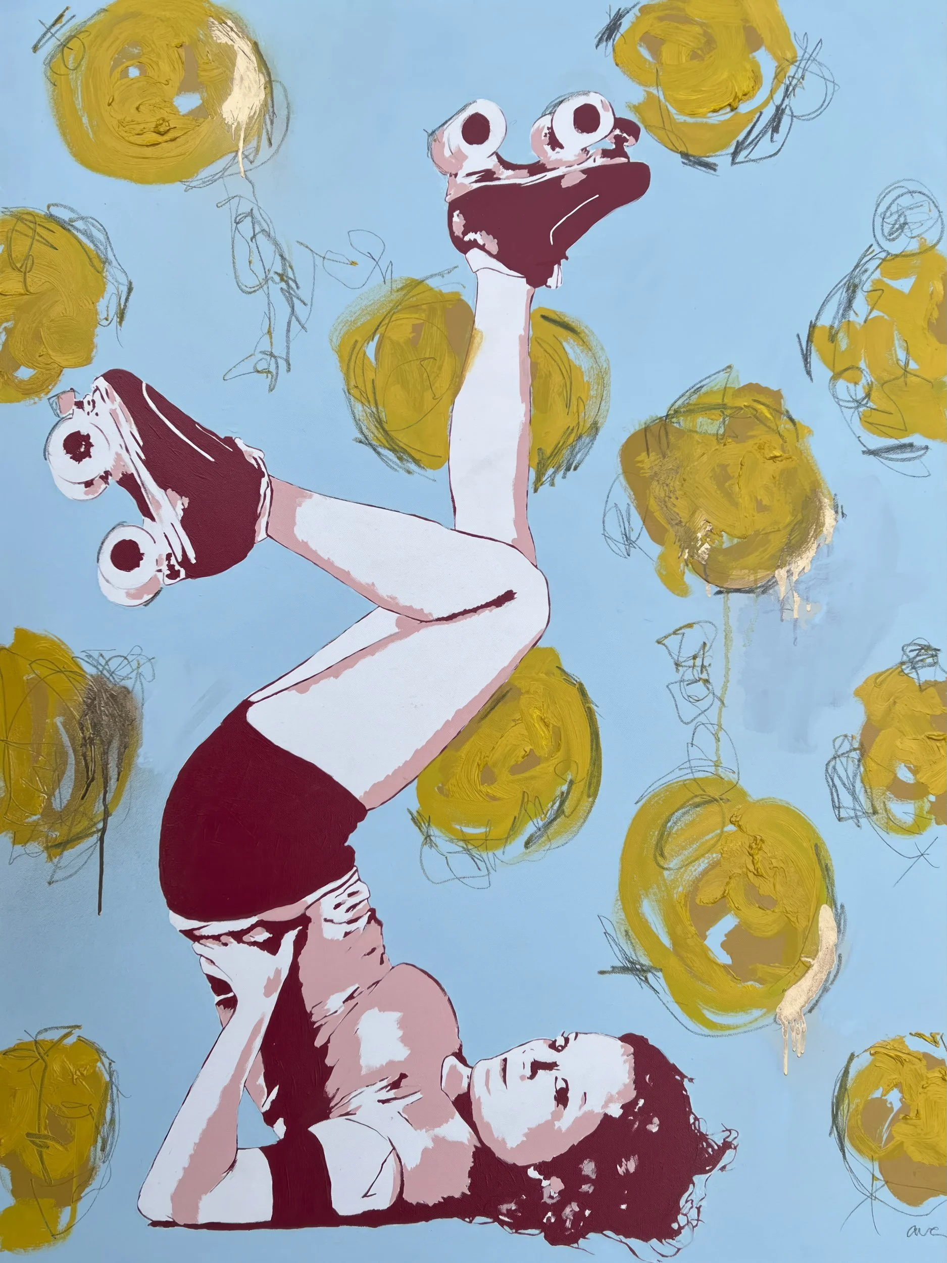 Round and Round by Alissa Van Atta, a 48-inch original figurative painting featuring an upside-down retro roller girl with burgundy skates against a sky-blue background with expressive golden-yellow c