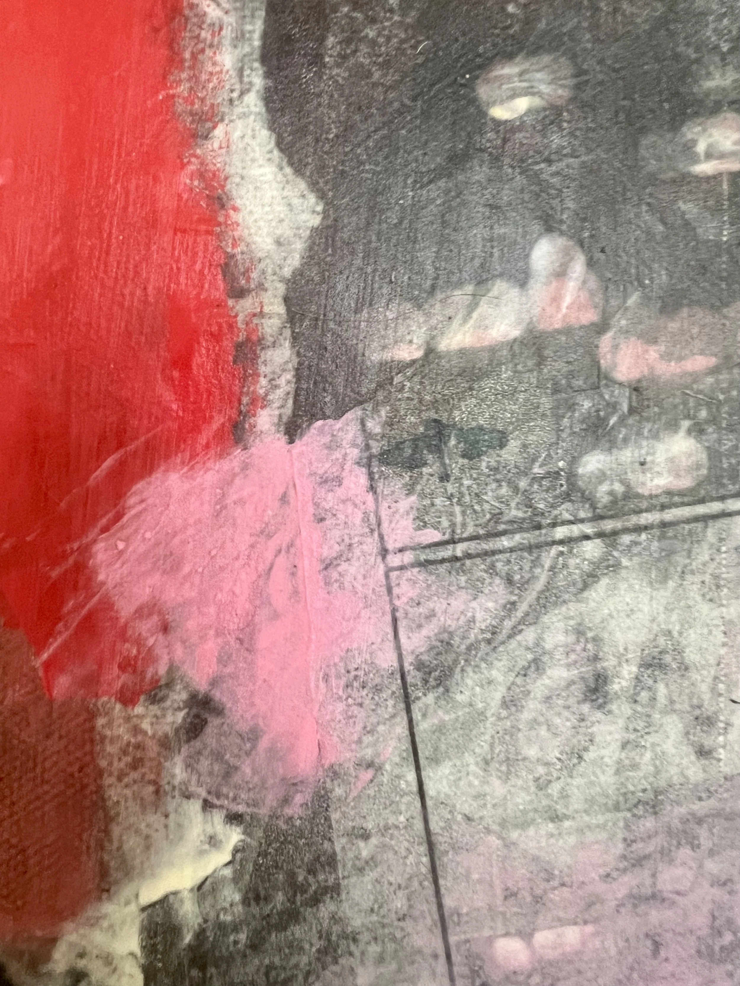 Close-up of My Way by Alissa Van Atta showing layered ONE WAY signs, printed imagery, distressed cold wax, and expressive red and pink brushwork.
