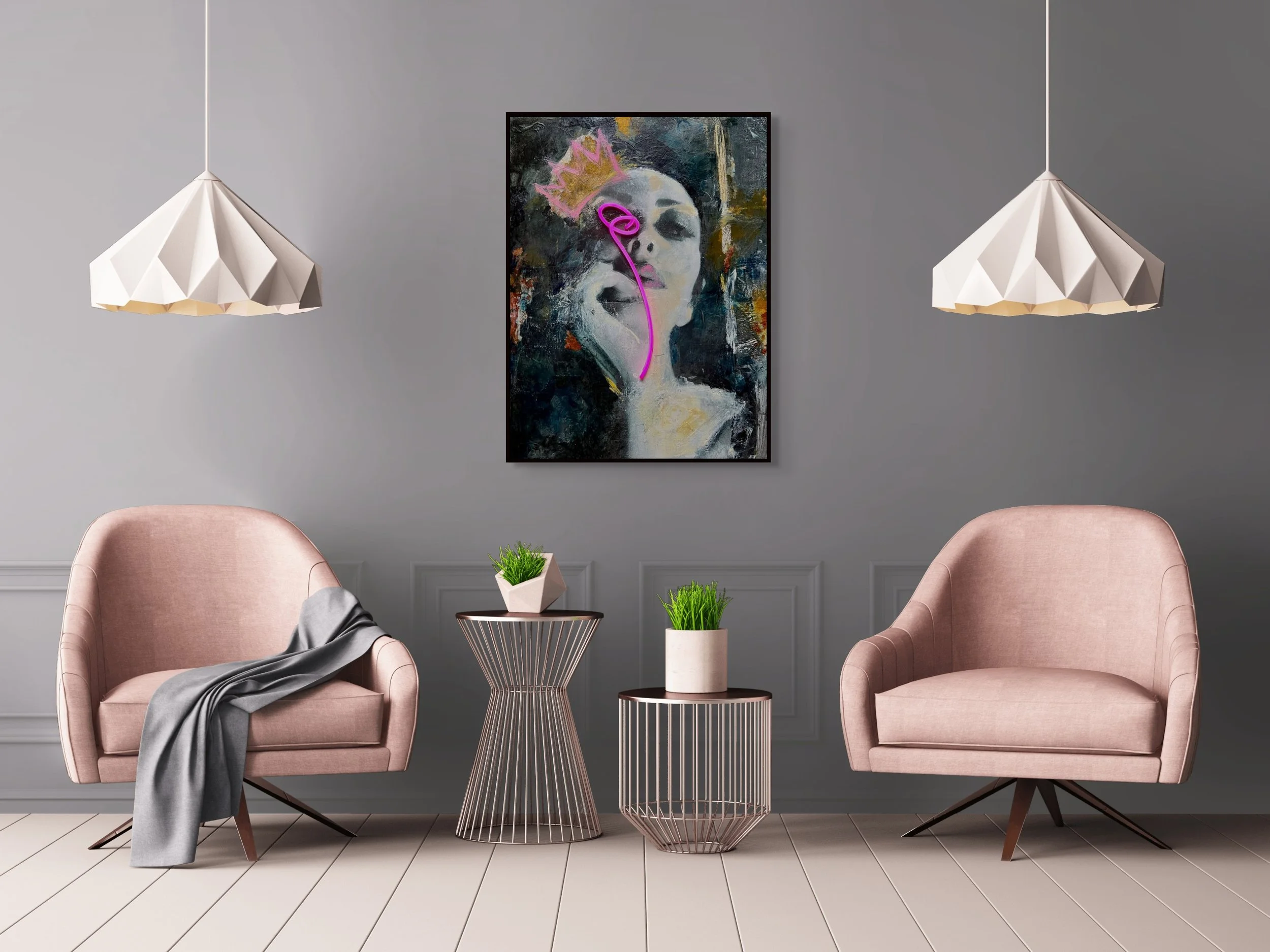 Neon Queen, a 40 by 30 inch original neon and mixed media portrait by Alissa Van Atta, displayed between two chairs in a contemporary interior.