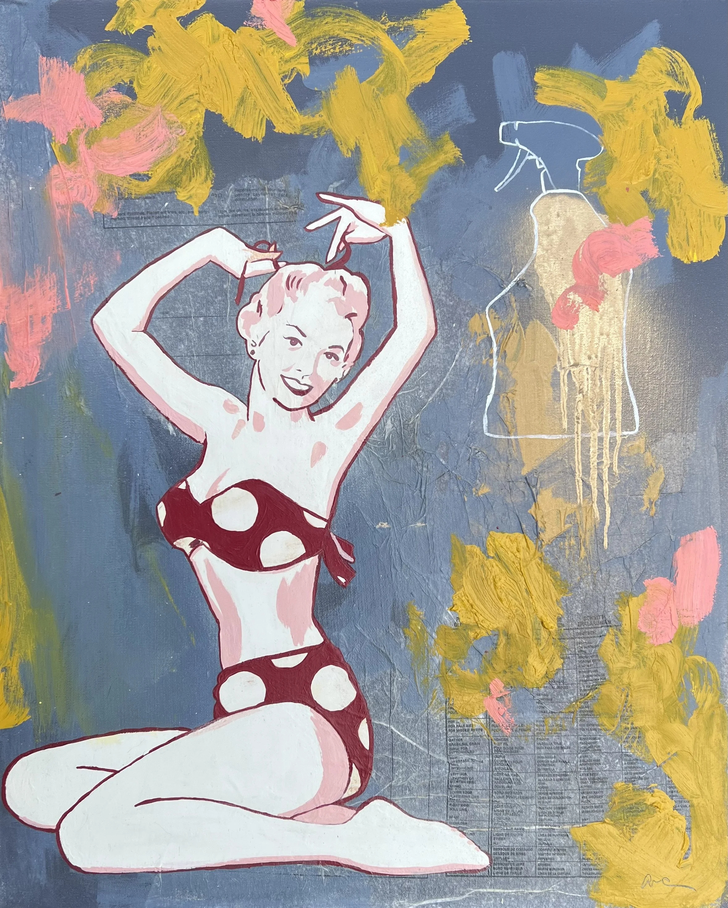 Keep it clean boys by Alissa Van Atta, original oil and acrylic painting of a smiling vintage pinup in a burgundy polka-dot bikini beside an outlined spray bottle, with expressive yellow and pink brus