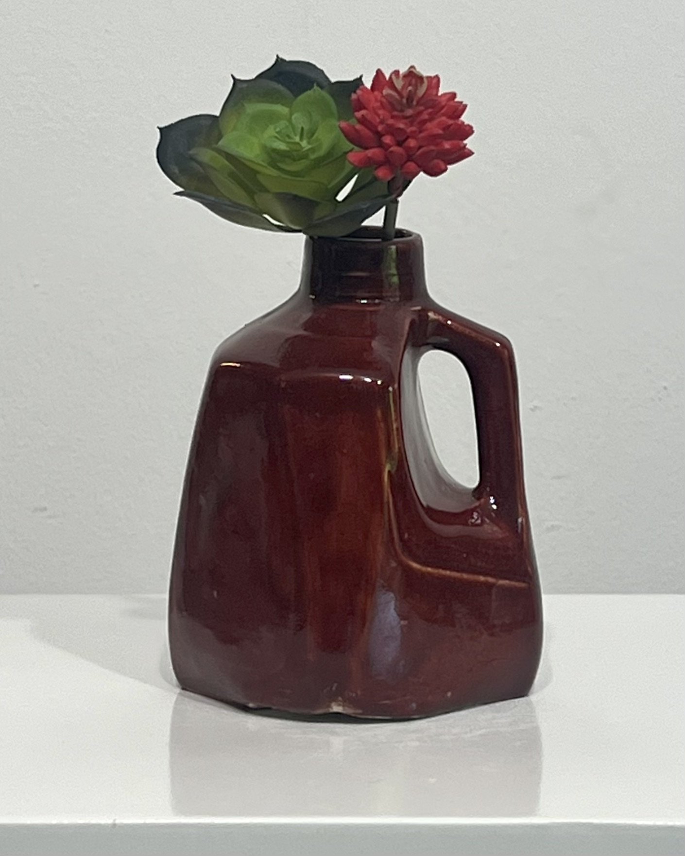 26.51 Deep Firebrick porcelain milk jug vase with succulent stems, front view