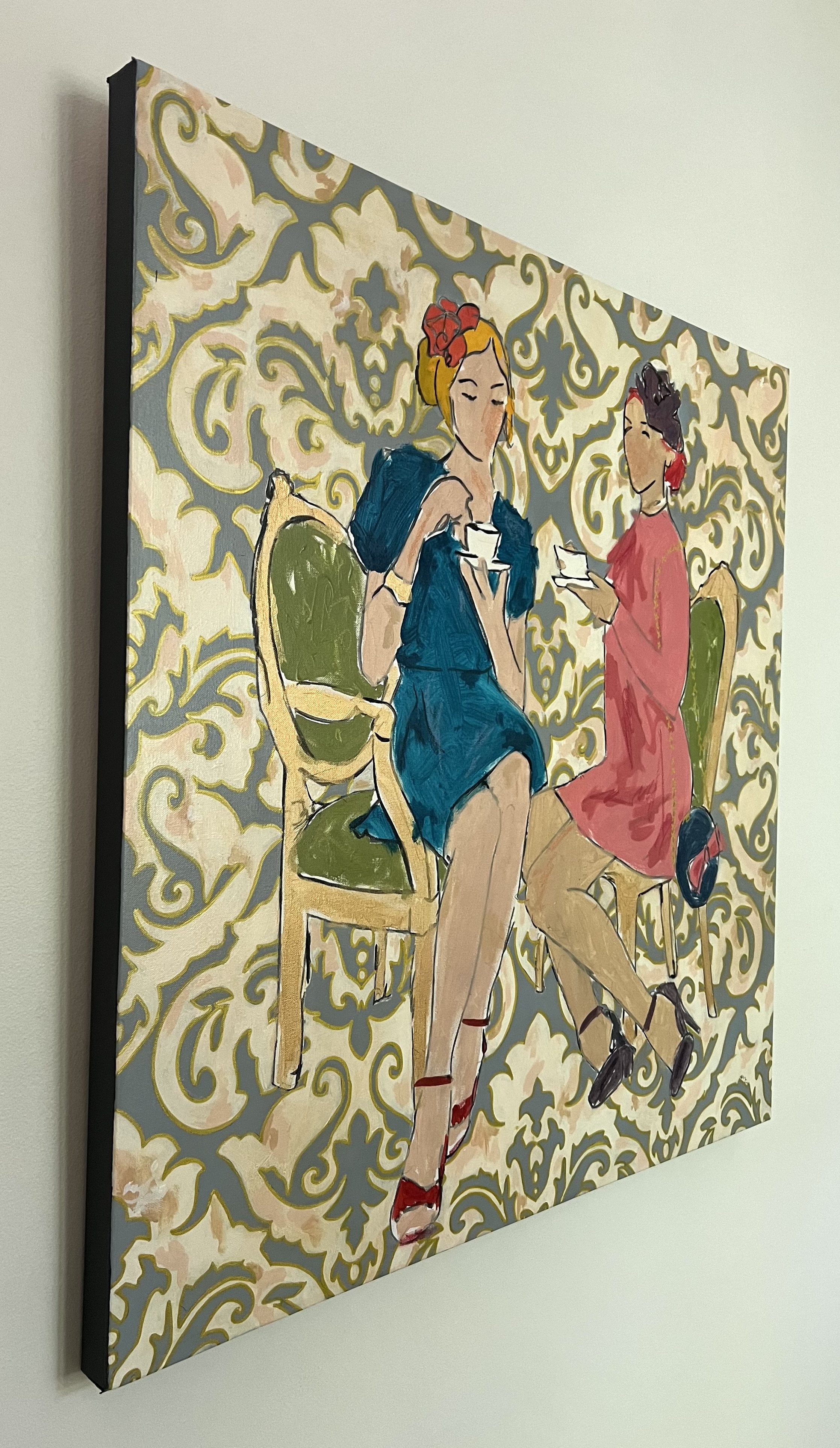 Angled view of Mod Mad Tea Party by Alissa Van Atta showing its original canvas surface, painted figures, and ornate wallpaper pattern.