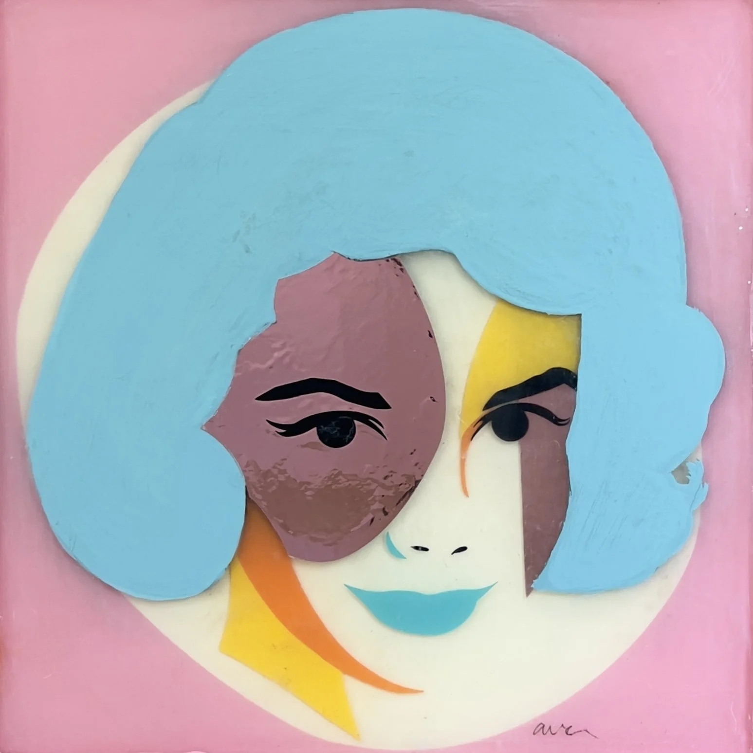 Ingrid by Alissa Van Atta, original resin and acrylic mixed media portrait featuring a woman with bright turquoise-blue hair, geometric facial features, aqua lips, and a pink background.