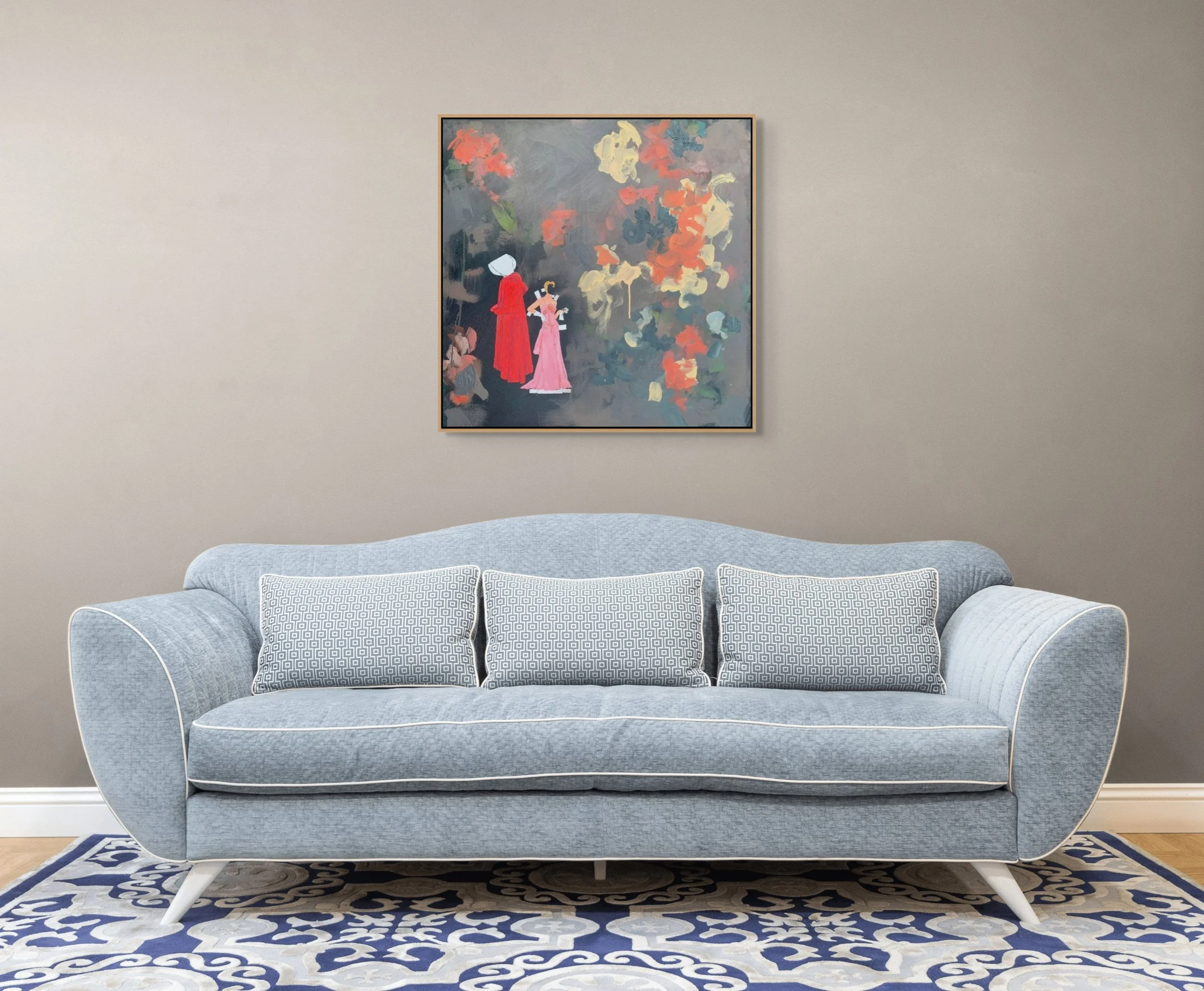 Under his Eye, a 36-inch square contemporary mixed media painting by Alissa Van Atta, displayed on a light textured wall above a yellow stool.