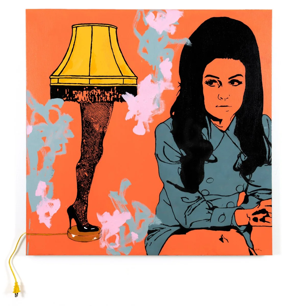 Shedding Light by Alissa Van Atta, original oil and acrylic painting featuring a vintage leg lamp and dark-haired retro woman in blue against a coral background with lavender abstract marks.