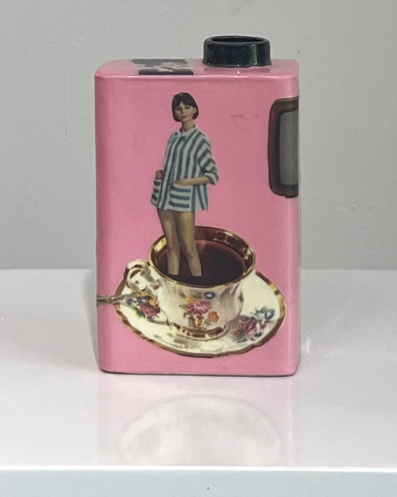Front view of Steeped in Waiting, a one-of-a-kind porcelain Art Carton with original collage, acrylic, and resin by Alissa Van Atta.