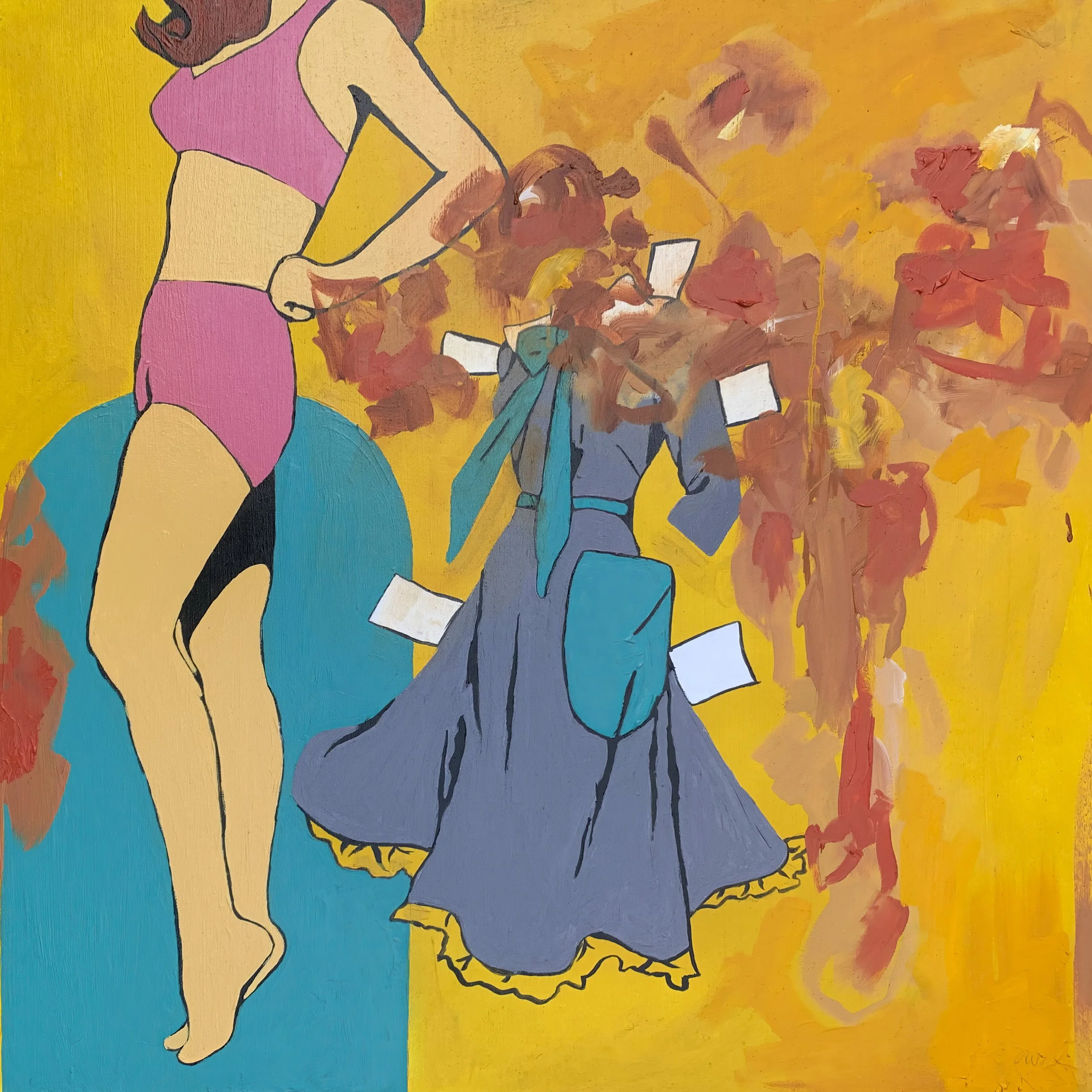 Chattel Call by Alissa Van Atta, original 36-inch feminist mixed media painting showing a woman in a pink vintage swimsuit beside a partially obscured dressed figure against a vivid yellow and orange