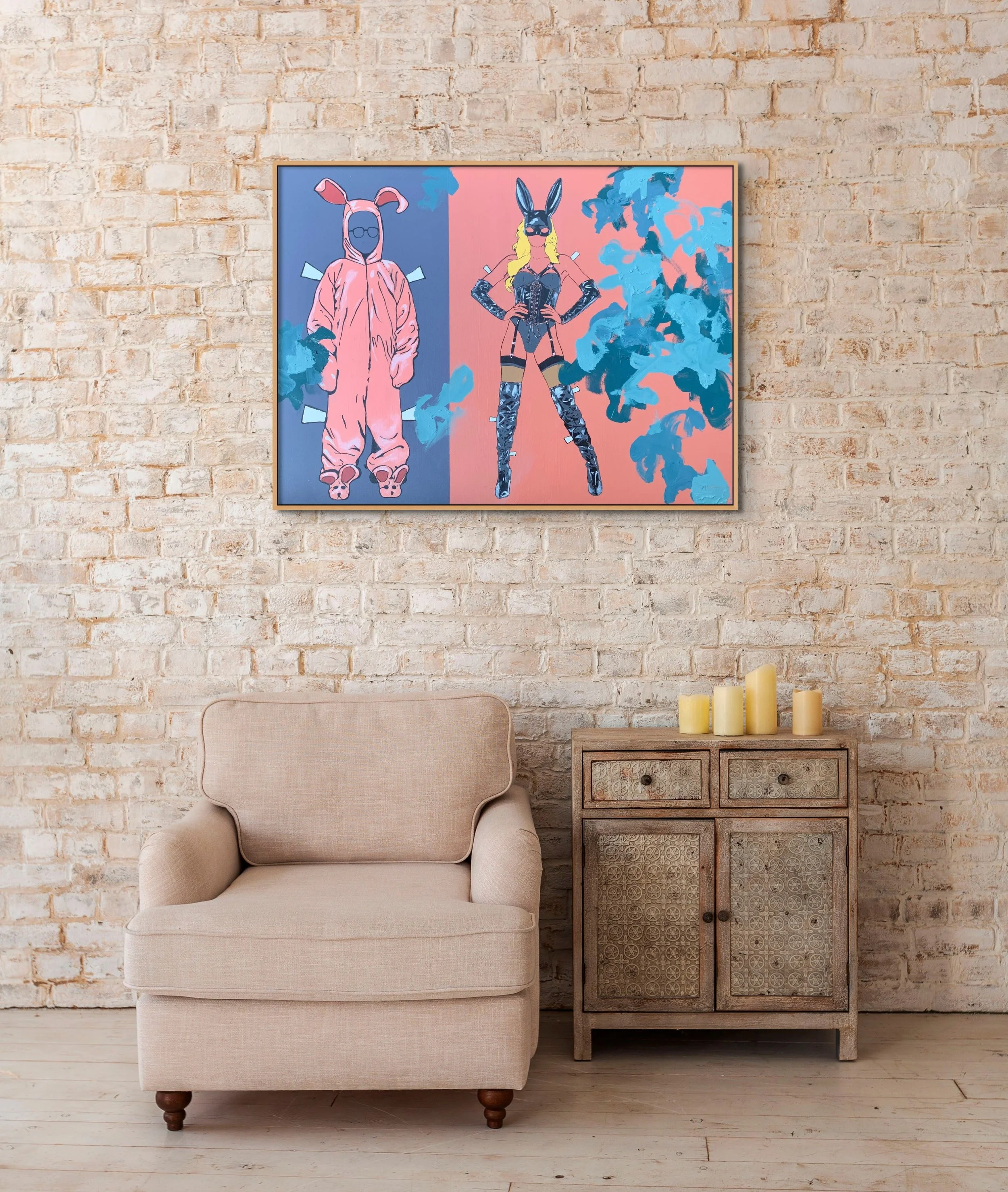When I Grow Up, a colorful 30 by 40 inch contemporary figurative painting by Alissa Van Atta, displayed above a neutral sofa against a textured brick wall.