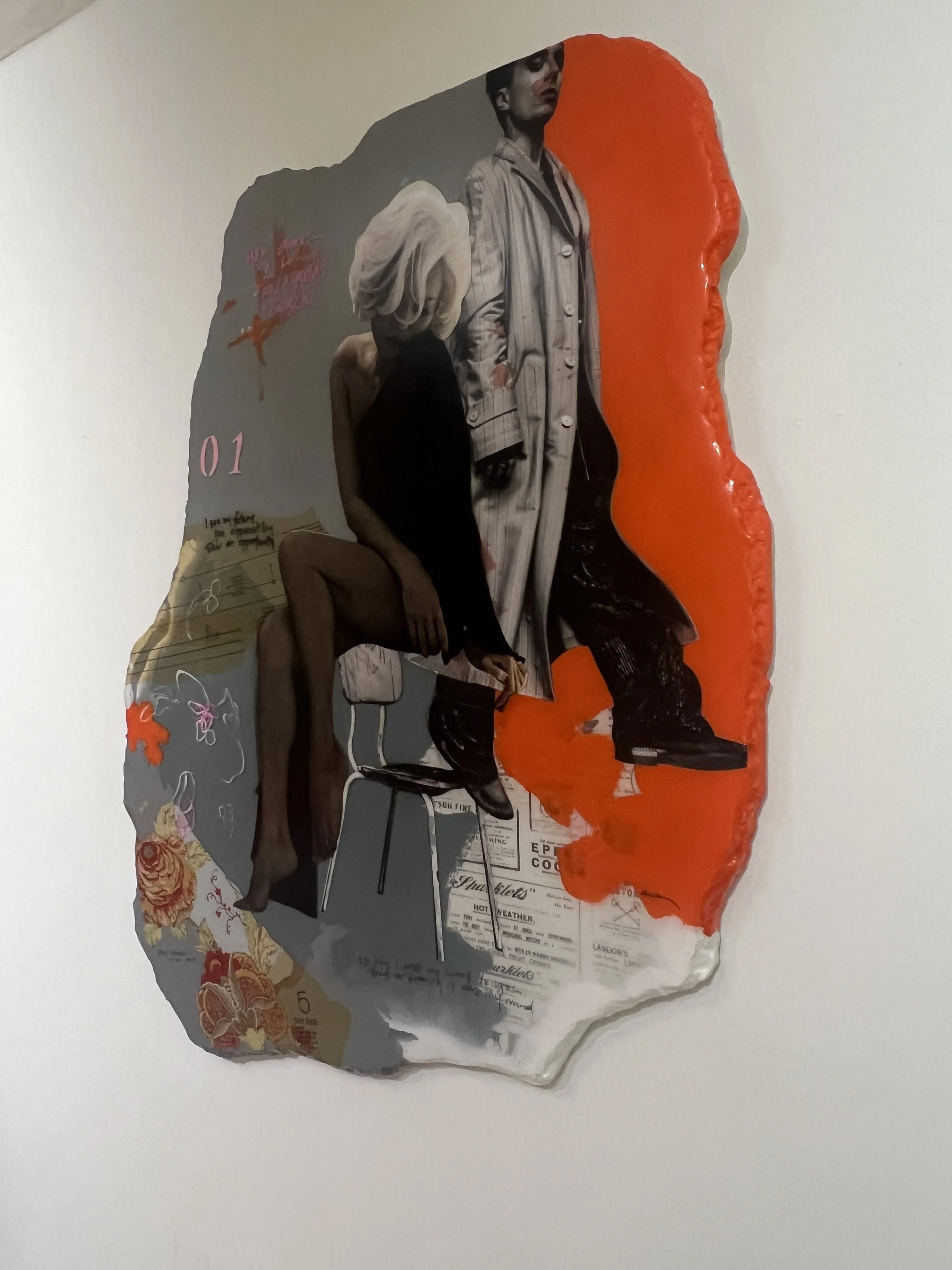 Side view of Never Anyone's Number One showing the irregular edge, resin surface, and 1.25-inch depth of the mixed media artwork.