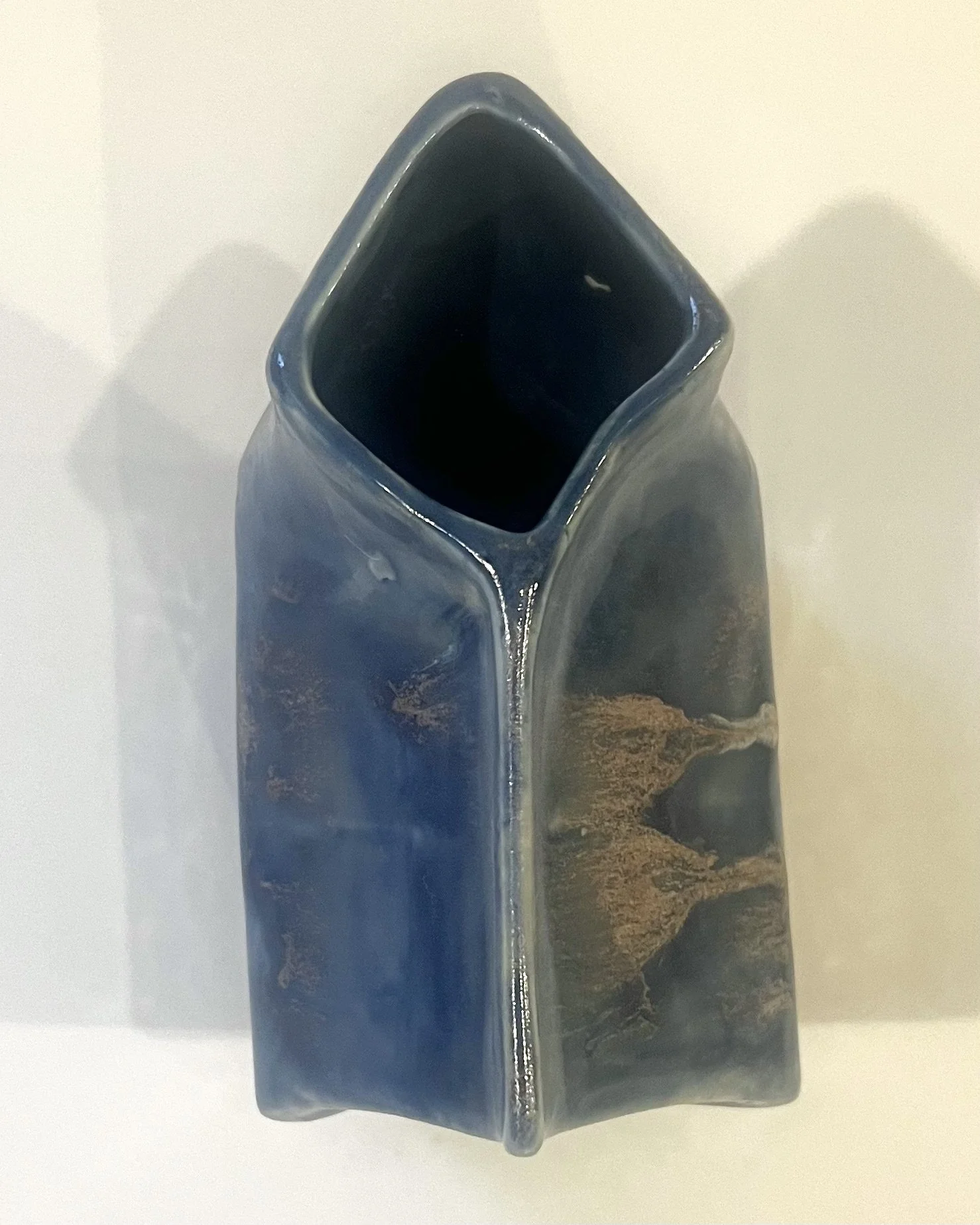 Top view of Milk Carton 26.2 Blue Splatter showing the vessel opening and folded milk-carton-inspired form.