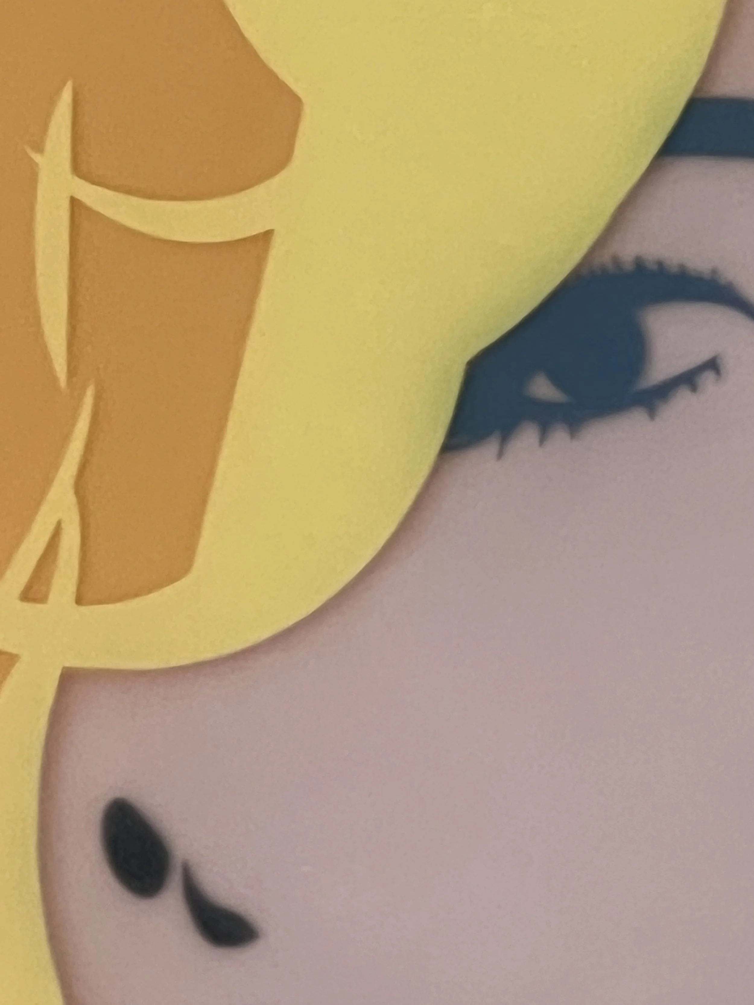 Close-up of Bridgette showing dimensional golden-yellow hair, expressive eyelashes, and layered resin