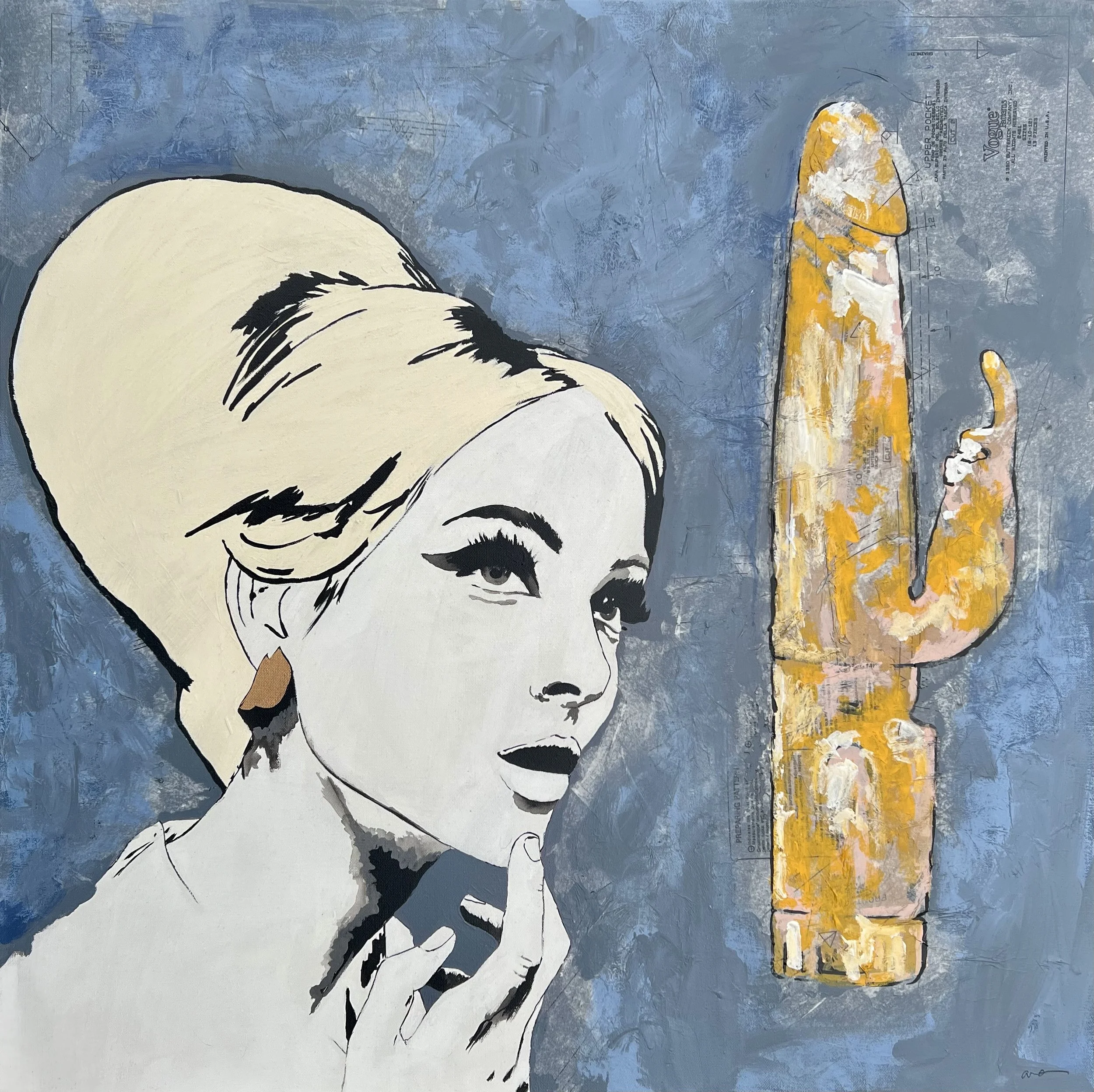 Only the Benefits by Alissa Van Atta, original 36-inch acrylic and mixed media painting featuring a glamorous vintage blonde woman beside a textured golden cactus against a blue background.