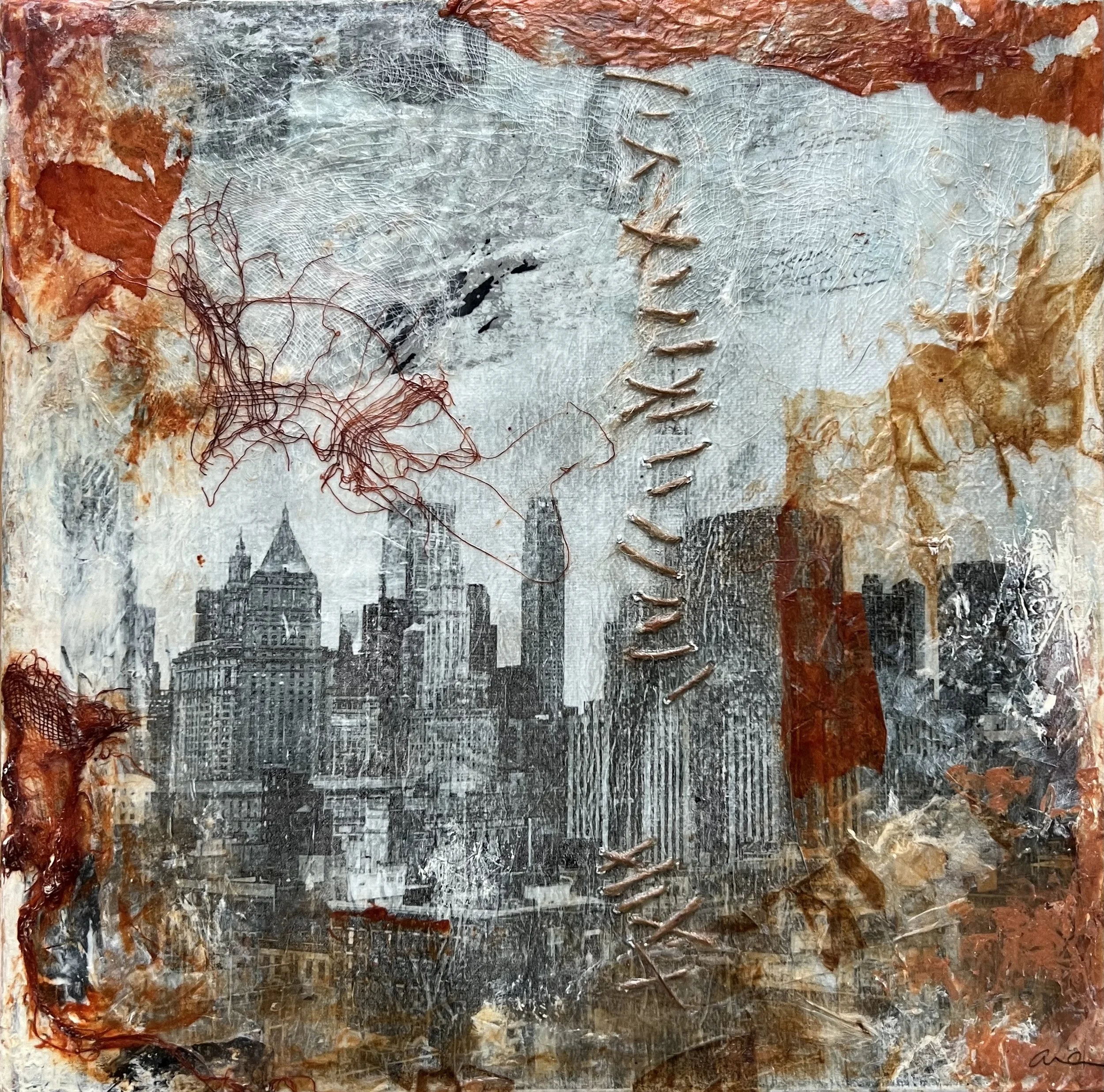 View from Here by Alissa Van Atta, original New York City skyline mixed media painting with rust-colored textures, tangled red thread, vertical stitching, and layered gray architectural imagery.