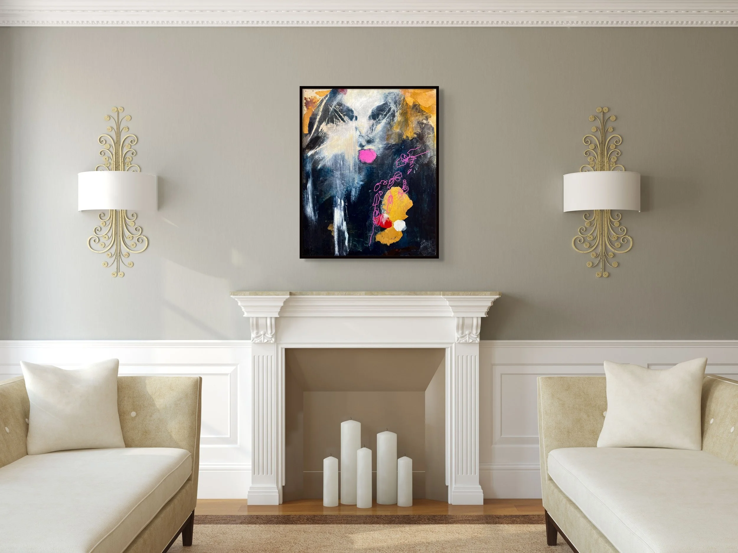 The Siren, an original framed 30 by 24 inch mixed media portrait by Alissa Van Atta, displayed above a white fireplace in a contemporary living room.