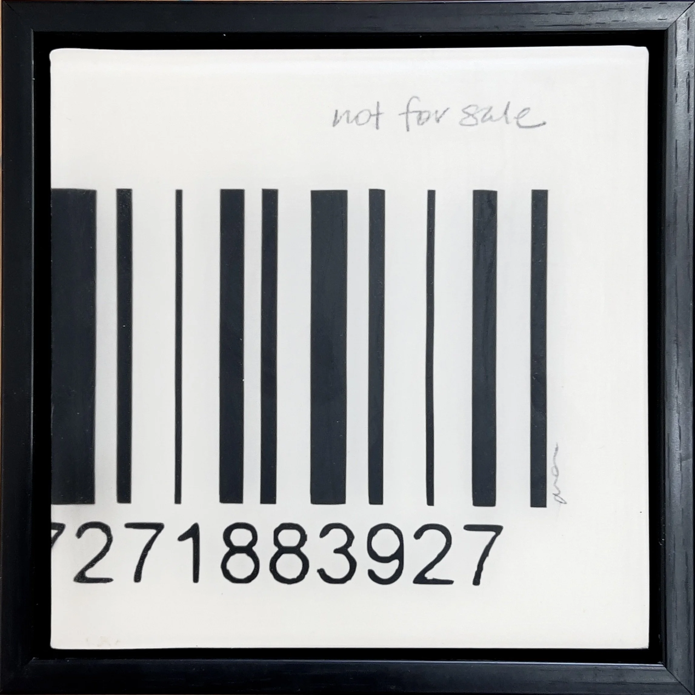 Not for Sale by Alissa Van Atta, original framed feminist barcode artwork featuring black vertical barcode lines and handwritten not for sale text on a white resin-finished surface.