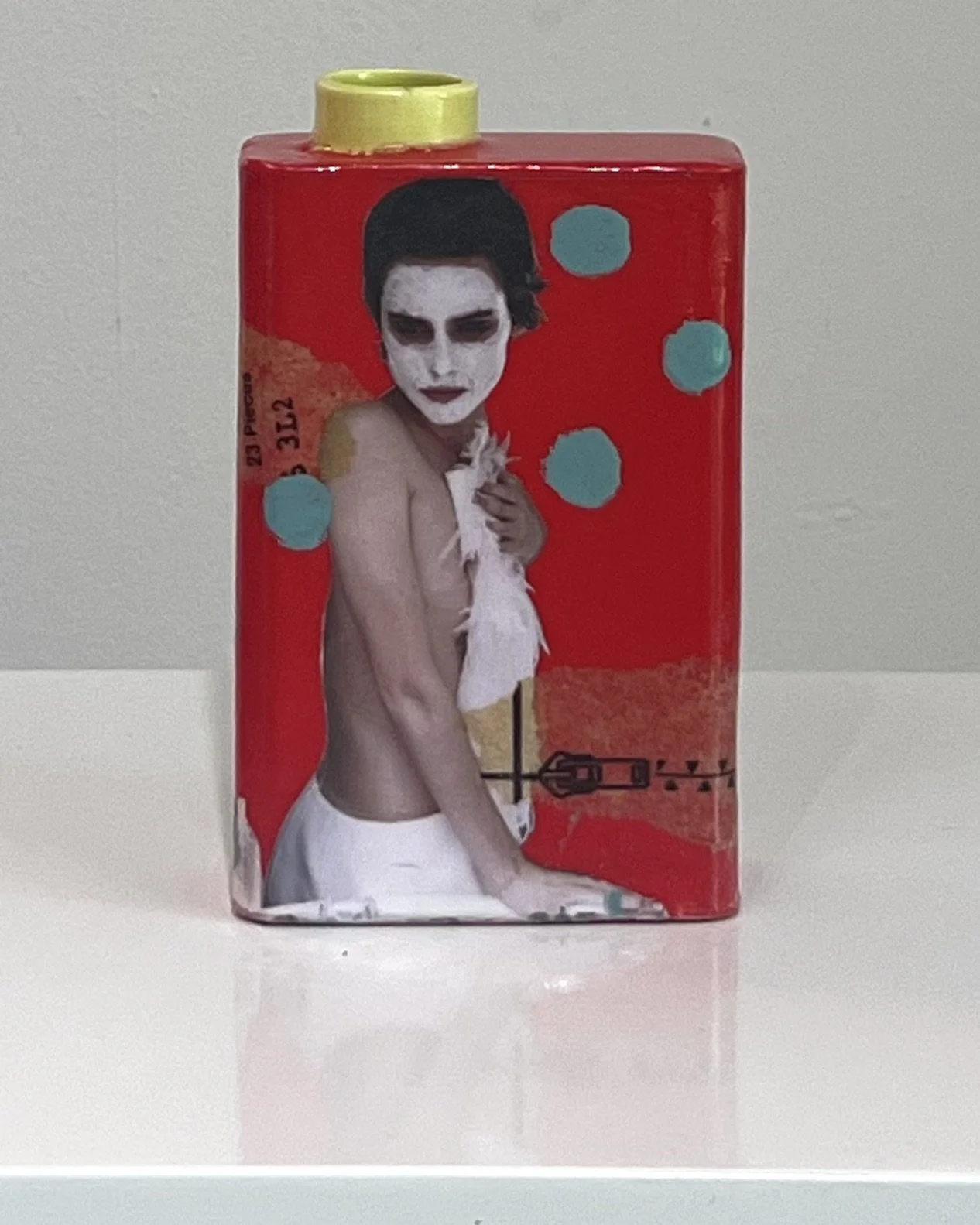 Front view of Everything I Was Saving for Later, a one-of-a-kind porcelain Art Carton with original collage, acrylic, and resin by Alissa Van Atta.