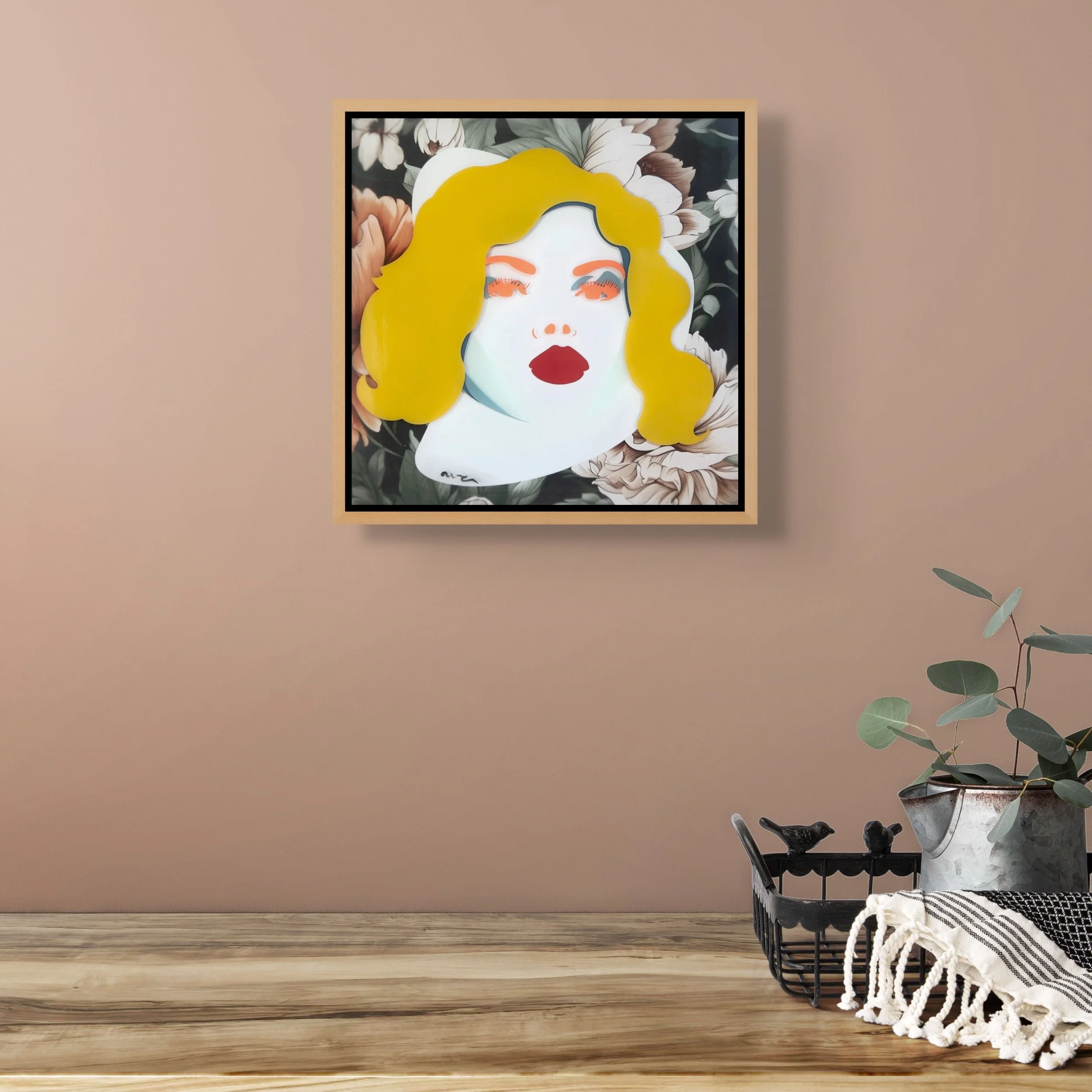 Chloe displayed on a wall above a wooden table, illustrating the size of the original contemporary portrait
