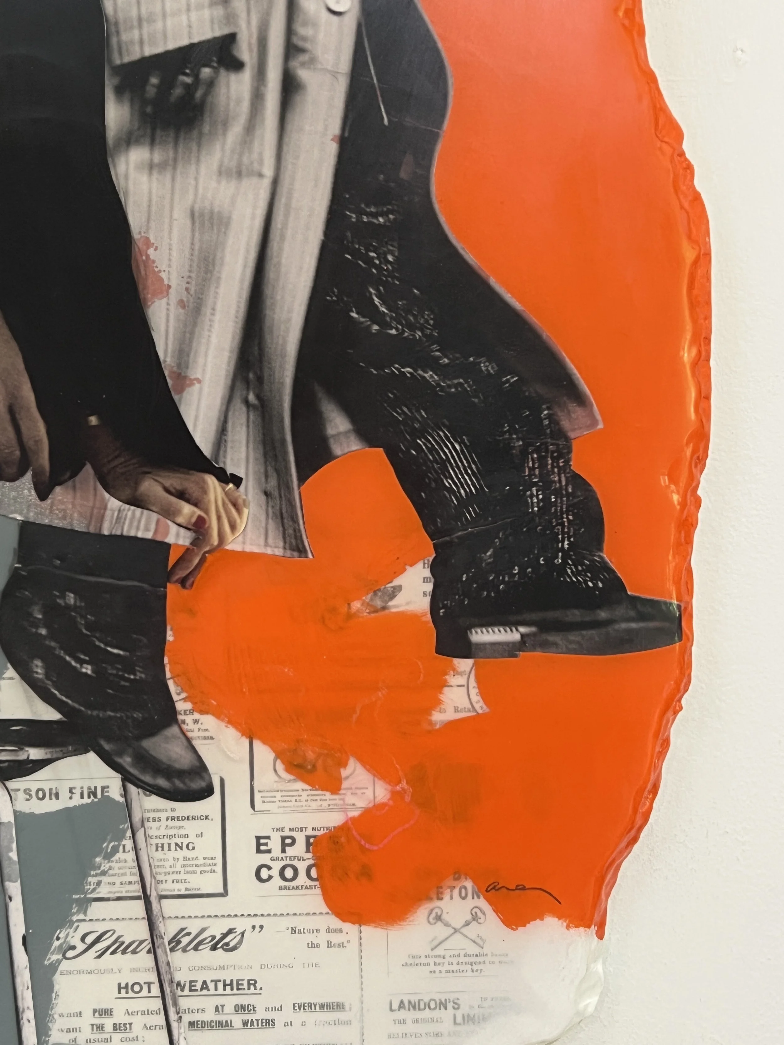 Close-up of the vibrant orange acrylic section and collage elements in Never Anyone's Number One by Alissa Van Atta.
