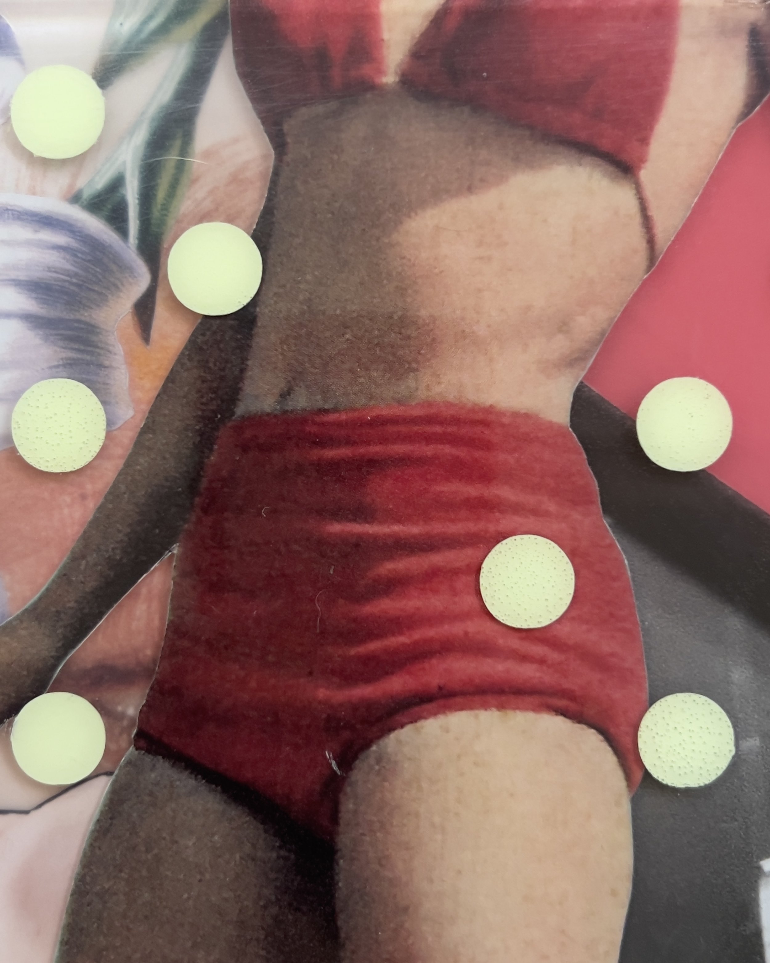 Detail of Show Pony highlighting layered collage, resin surface, and fragmented female figure.