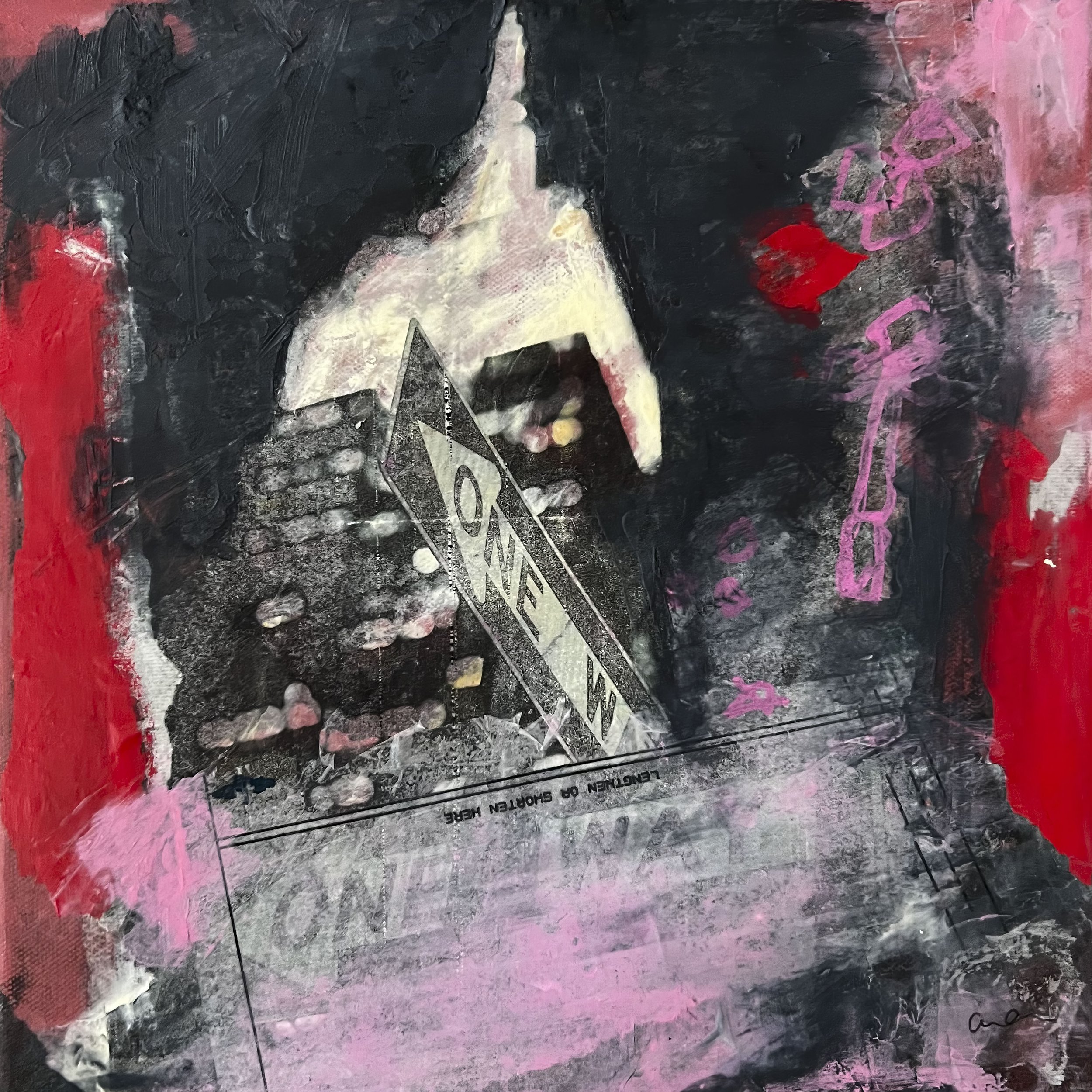 My Way by Alissa Van Atta, original mixed media painting featuring an oversized pointing hand, New York City ONE WAY street signs, and layered black, crimson, and pink textures.