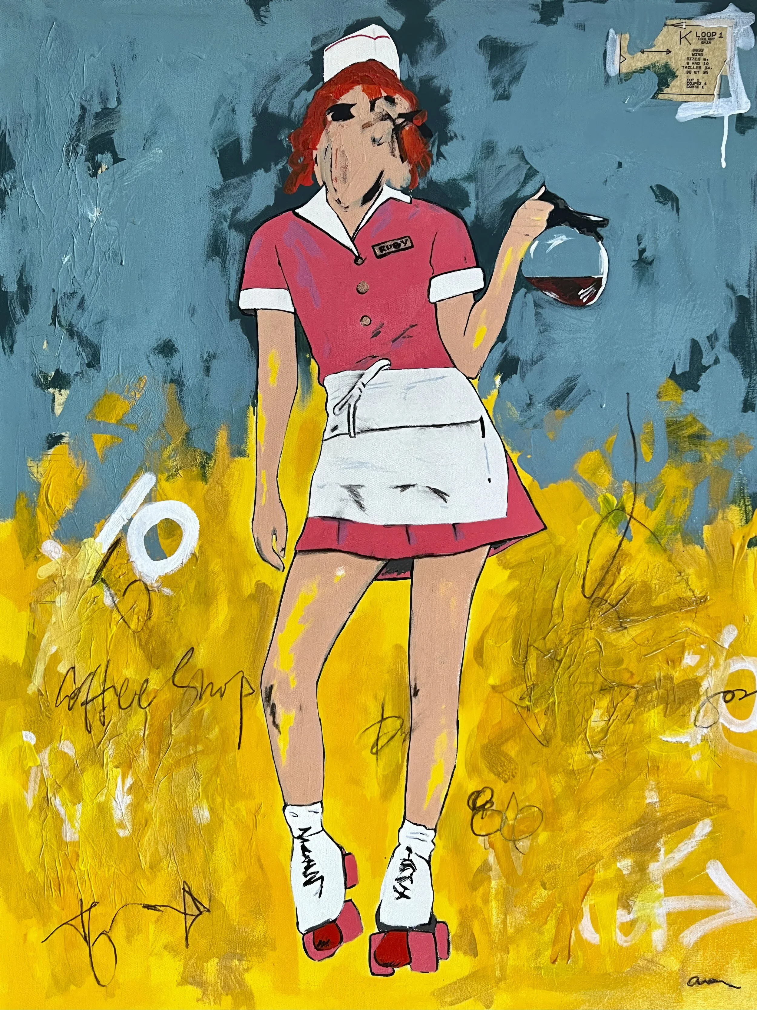The Way Ruby Rolls by Alissa Van Atta, original figurative painting of a roller-skating waitress in a pink uniform holding a coffee pot against turquoise and yellow abstract backgrounds.