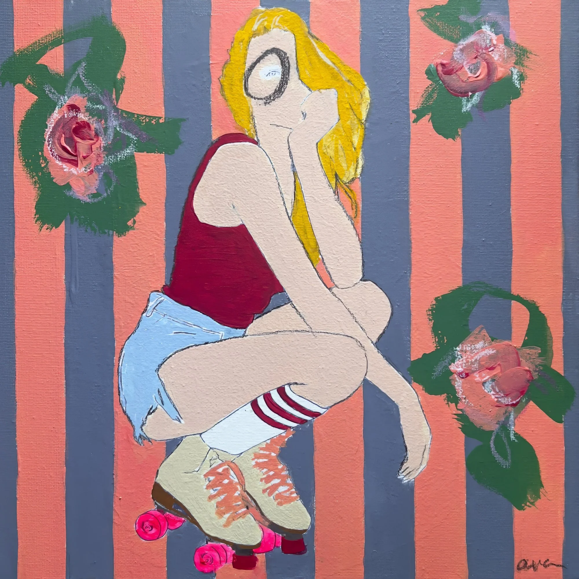 Dreaming by Alissa Van Atta, original painting of a contemplative blonde woman in a red top, blue shorts, and retro roller skates with pink wheels, surrounded by roses against coral and slate-blue str