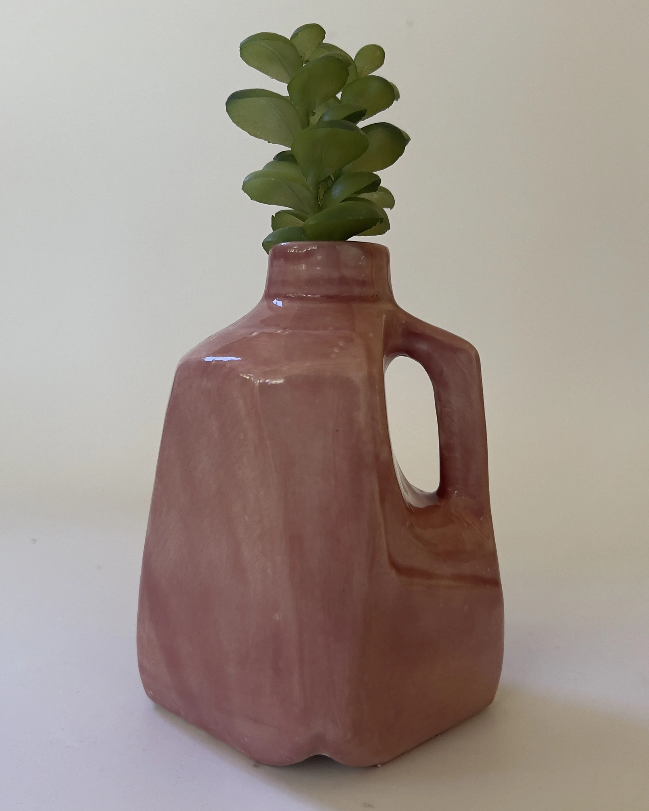 Pink ceramic jug sculpture styled with green succulent stem