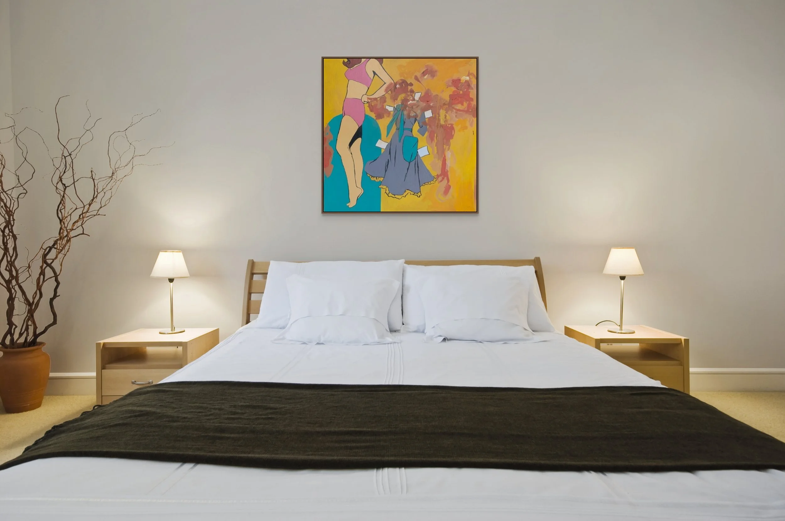 Chattel Call, a colorful 36-inch contemporary feminist painting by Alissa Van Atta, displayed above a console in a modern interior.