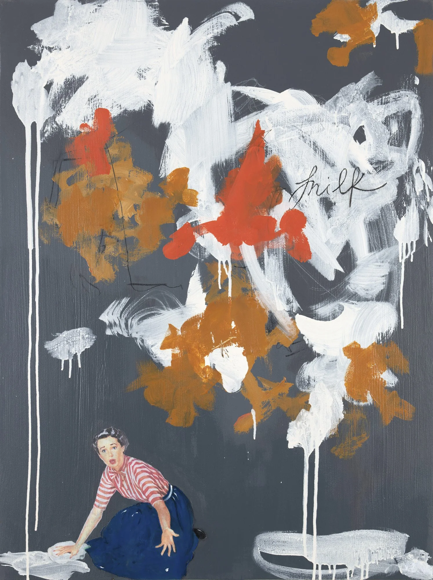 Spilled Milk by Alissa Van Atta, original acrylic painting featuring a small woman in a red striped blouse beneath expressive white, rust, and ochre brushstrokes and drips against a dark blue backgrou