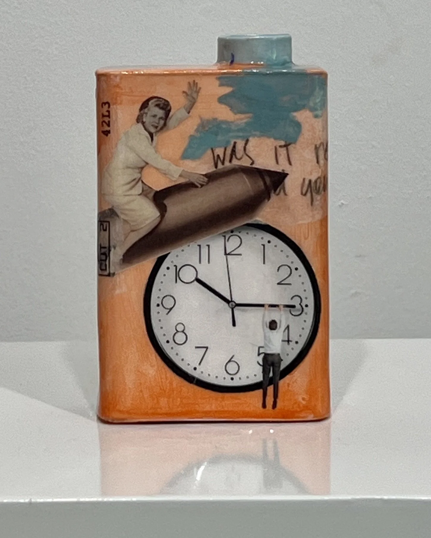 Back view of Time Bomb original porcelain Art Carton featuring vintage collage, acrylic, and resin artwork.