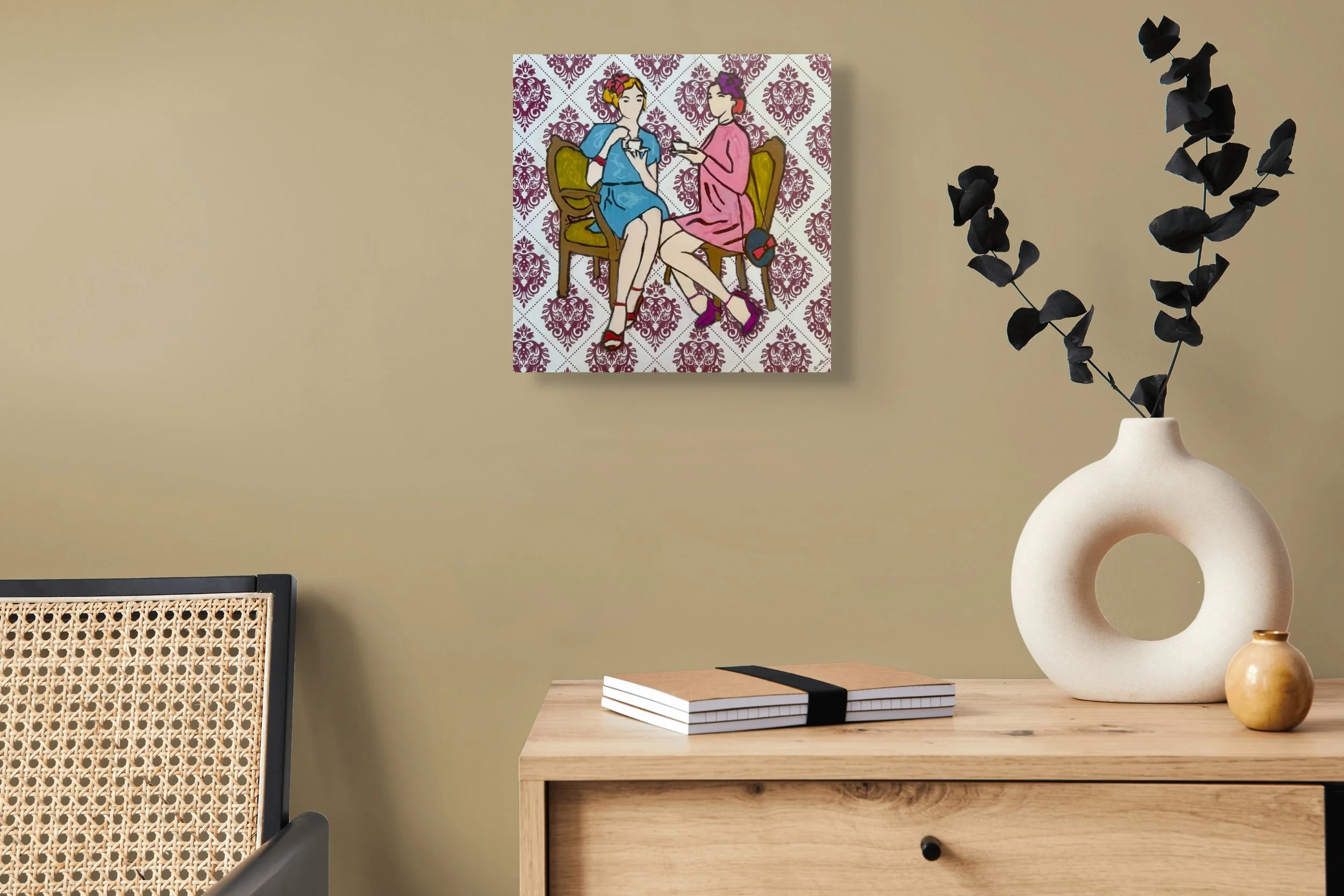 Interior of Tea Time by Alissa Van Atta showing stylized women with teacups, painted fashion details, and an intricate burgundy damask paper pattern.