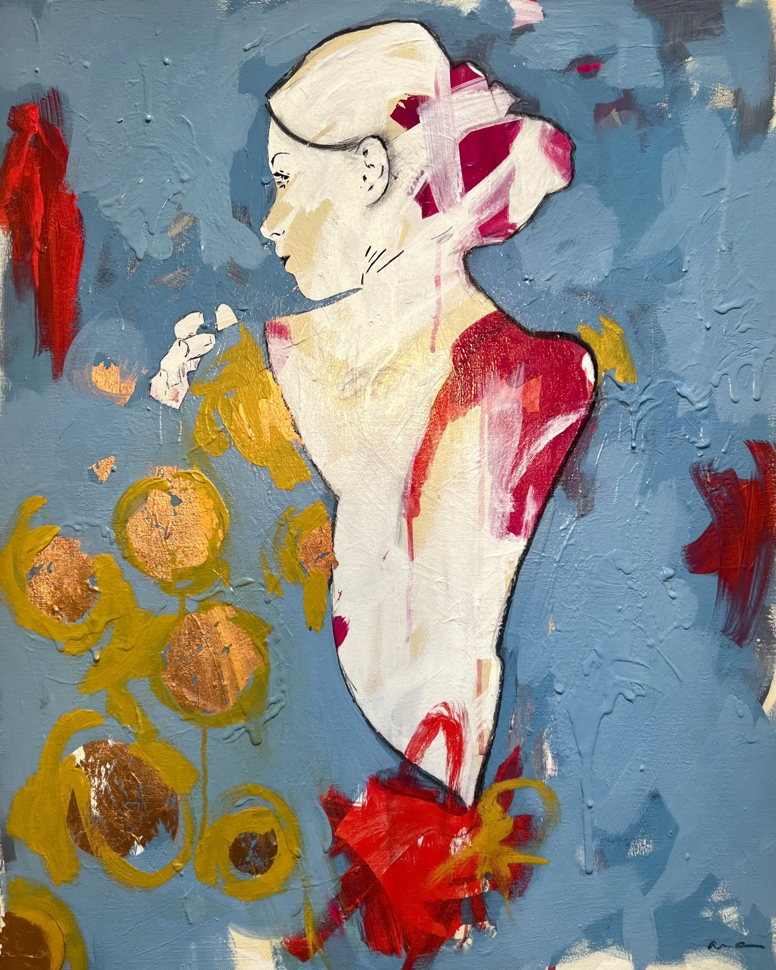 Behind your Touch by Alissa Van Atta, original figurative acrylic and mixed media painting featuring a pale woman in profile against a textured blue background with bold red and golden abstract marks.