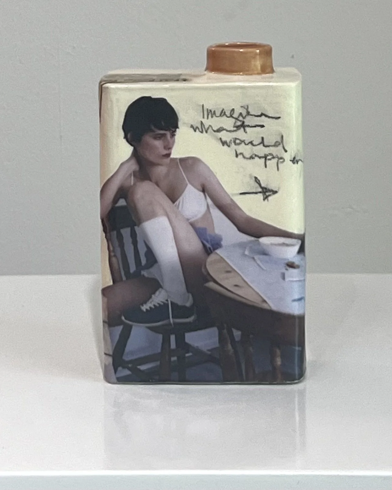 Back view of Some Assembly Required original porcelain Art Carton featuring vintage collage, acrylic, and resin artwork.