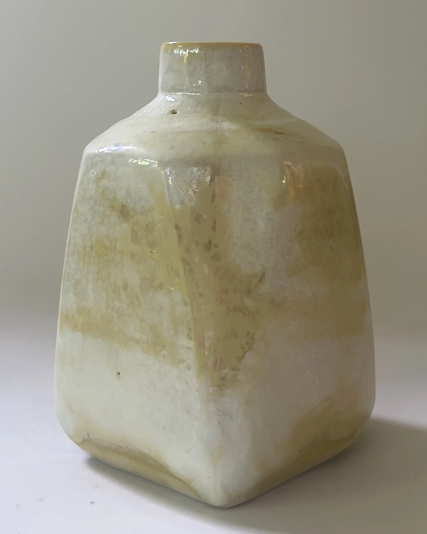 Handmade iridescent ceramic vessel styled with green plant stems in soft natural light