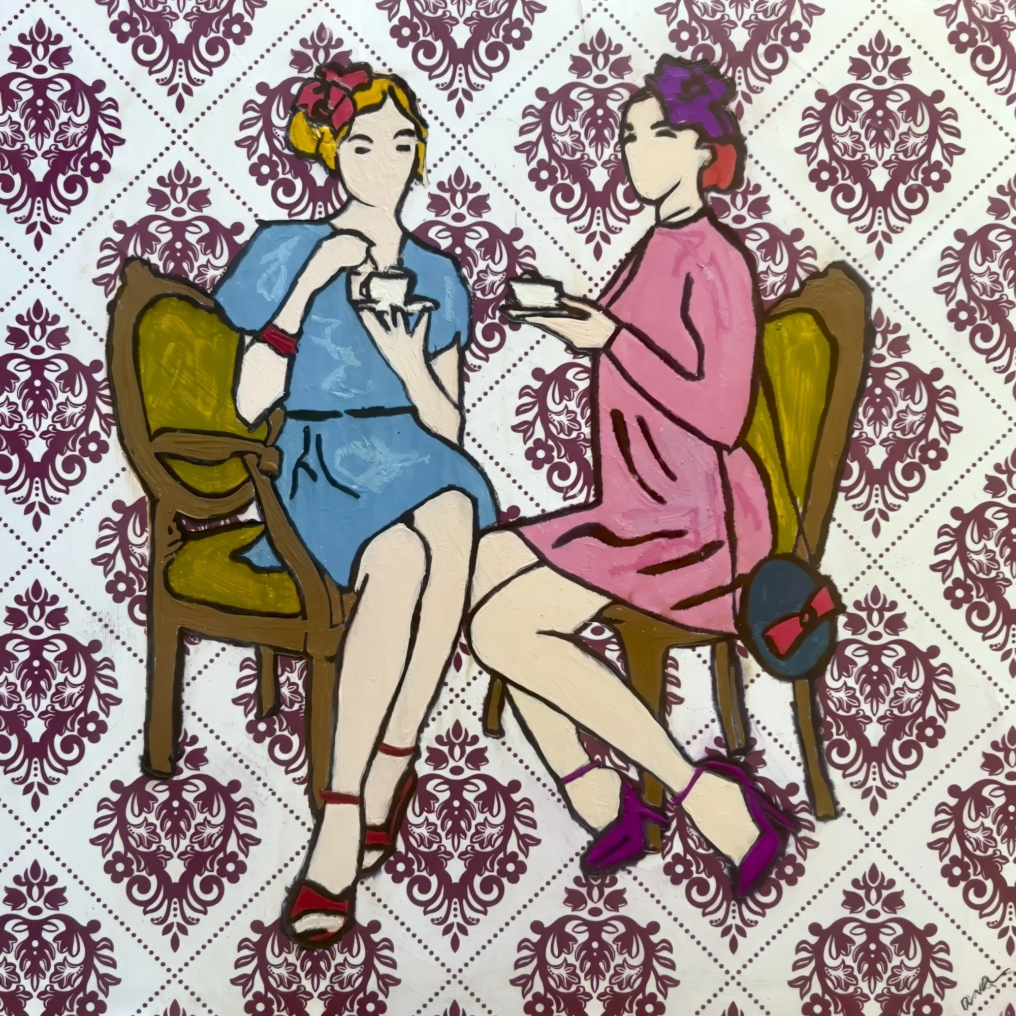 Tea Time by Alissa Van Atta, original mixed media artwork depicting two women in blue and pink vintage-inspired dresses holding teacups, seated against a burgundy damask wallpaper pattern.