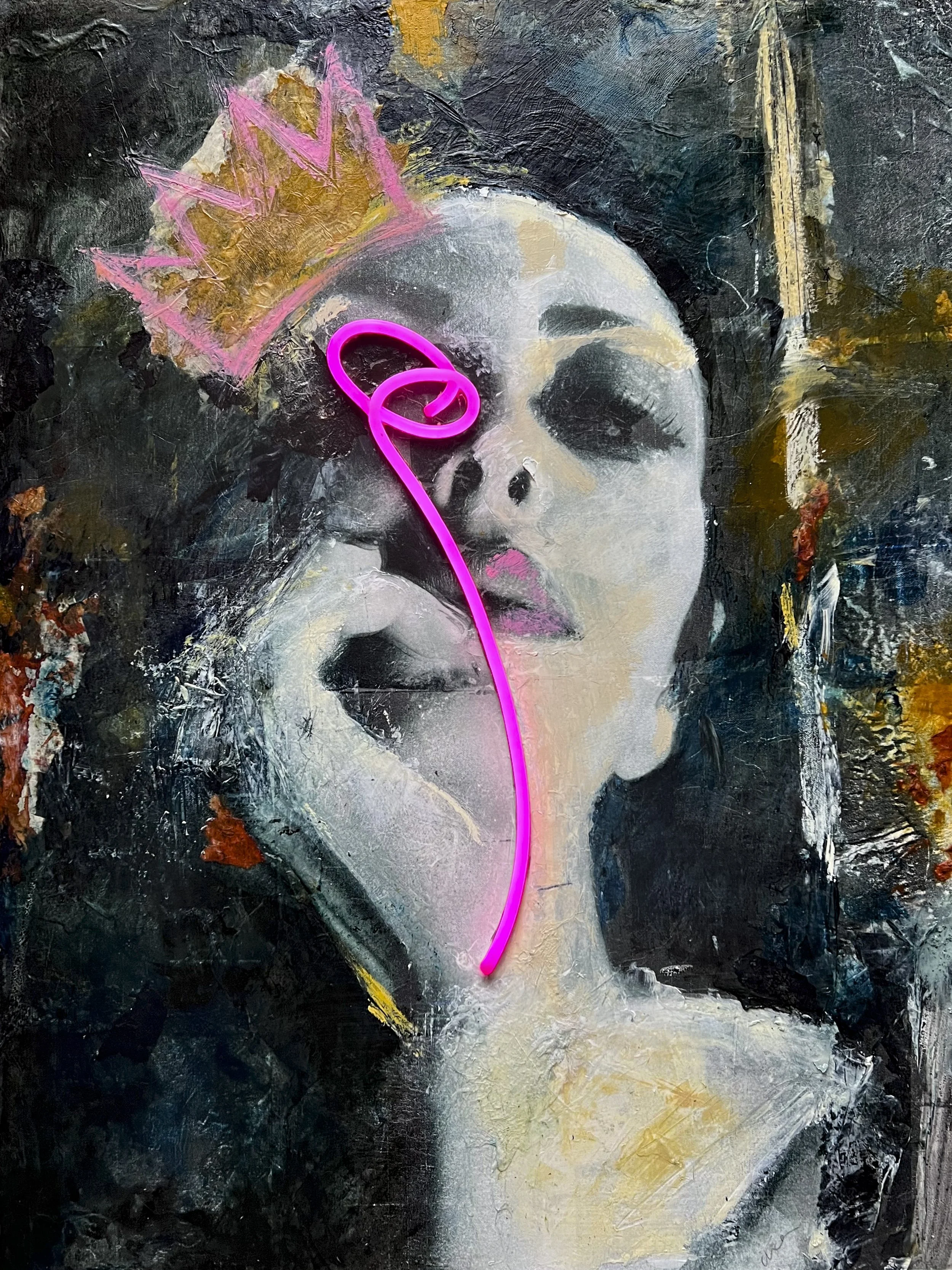 Neon Queen by Alissa Van Atta, original mixed media portrait of a crowned woman with closed eyes, textured dark background, and glowing pink neon curving across her face.