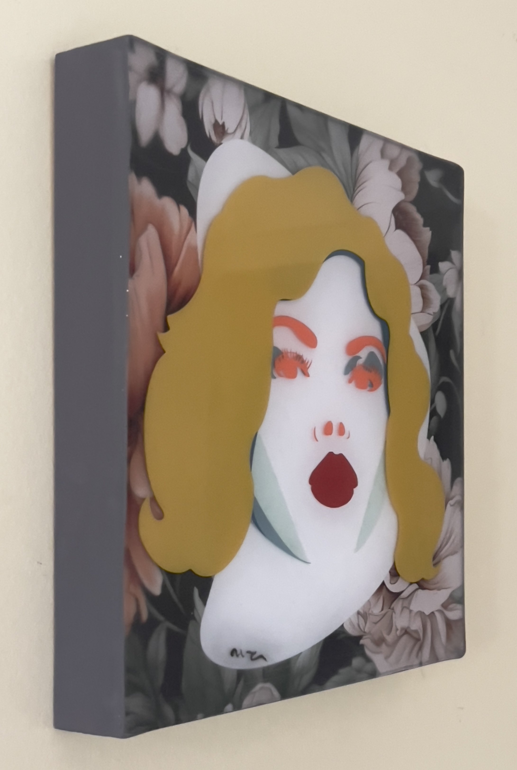 Side-angle photograph of Chloe by Alissa Van Atta showing the depth of the mixed media artwork