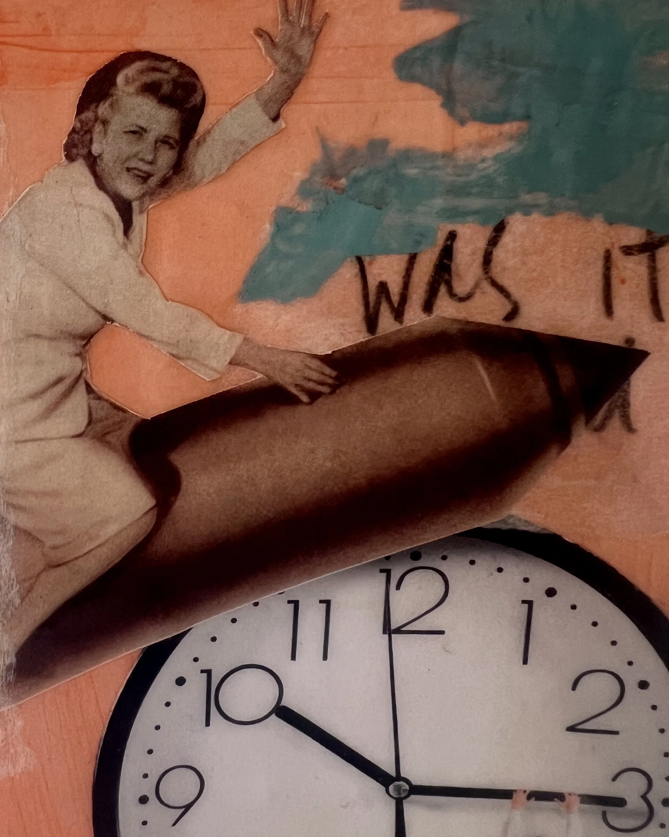 Detail of Time Bomb highlighting layered collage imagery, acrylic, resin, and vintage clock imagery on porcelain.