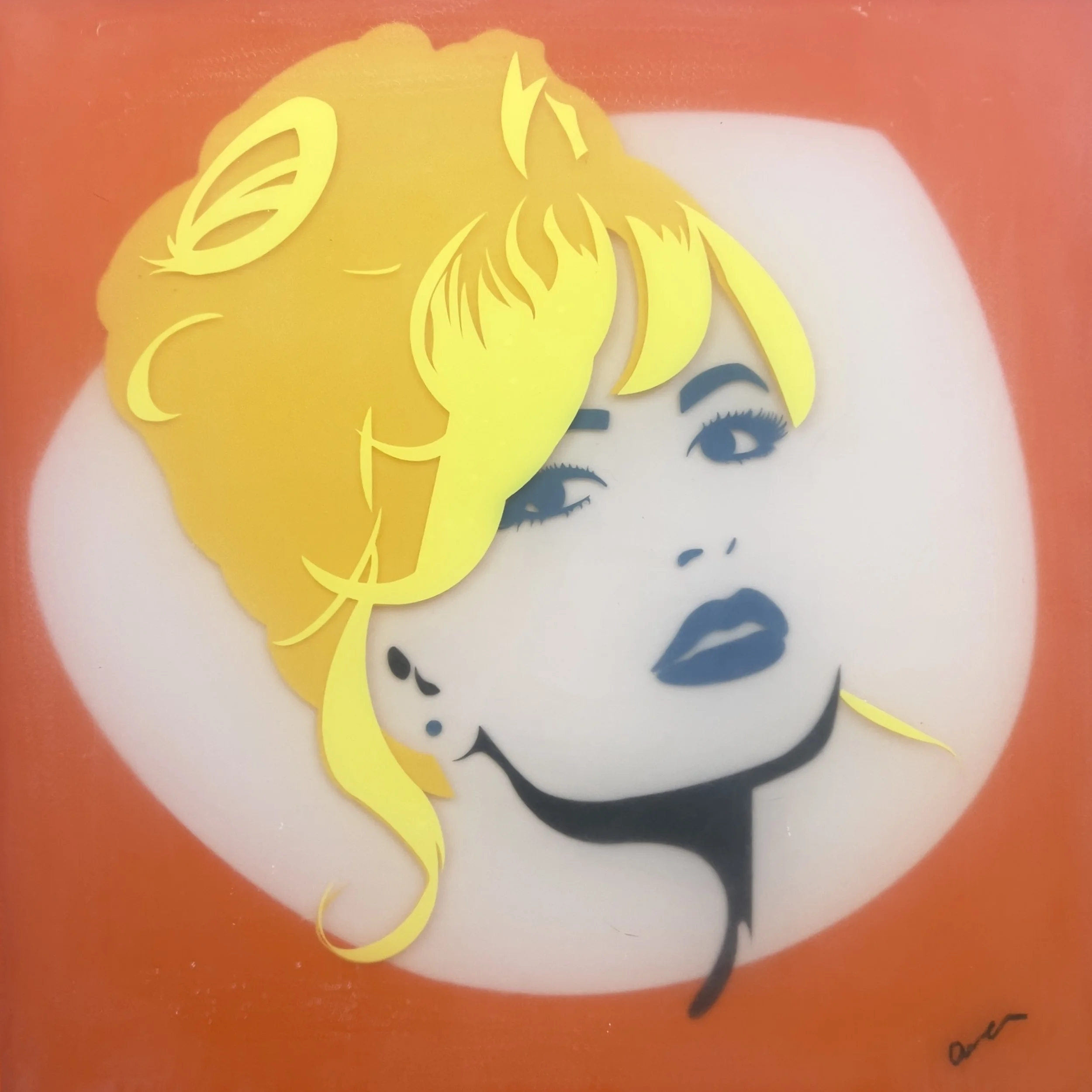 Bridgette by Alissa Van Atta, original resin and mixed media portrait featuring a glamorous woman with bright yellow sculptural hair, dramatic dark makeup, and pale skin against a coral-orange backgro
