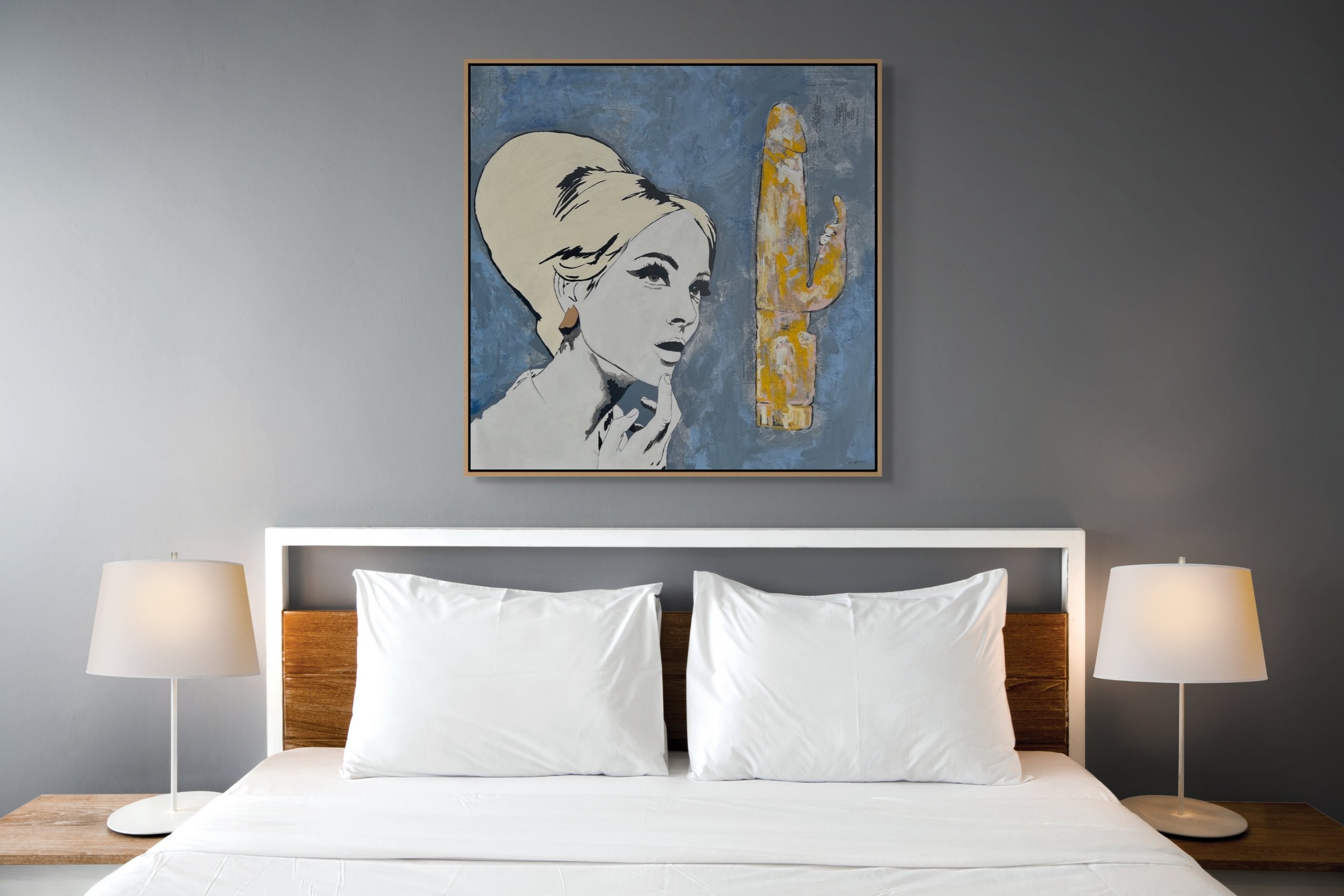 Only the Benefits, a 36-inch square contemporary painting by Alissa Van Atta, displayed above a white bed against a dark gray bedroom wall.
