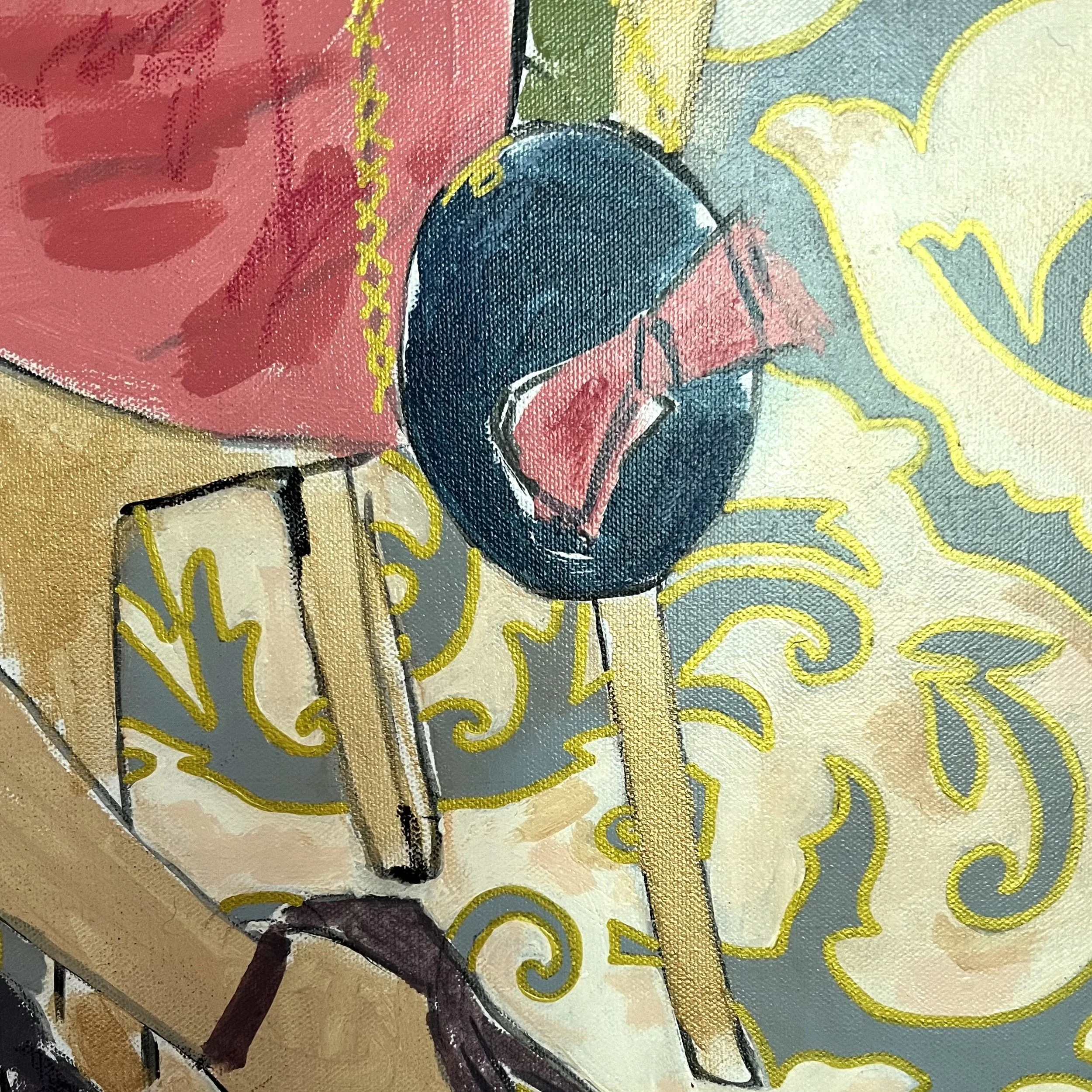 Close-up detail of Mod Mad Tea Party by Alissa Van Atta highlighting colorful vintage-inspired imagery, gestural acrylic and pastel marks, and decorative wallpaper motifs.